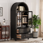 K&K 71' Tall Arched Kitchen Pantry Cabinet with 2 Large Drawers, Modern Farmhouse Kitchen Storage Cabinets with Adjustable Shelves, Glass Door, Wood Versatile Cupboard for Kitchens, Dining Room, Black - Grand Goldman Shop