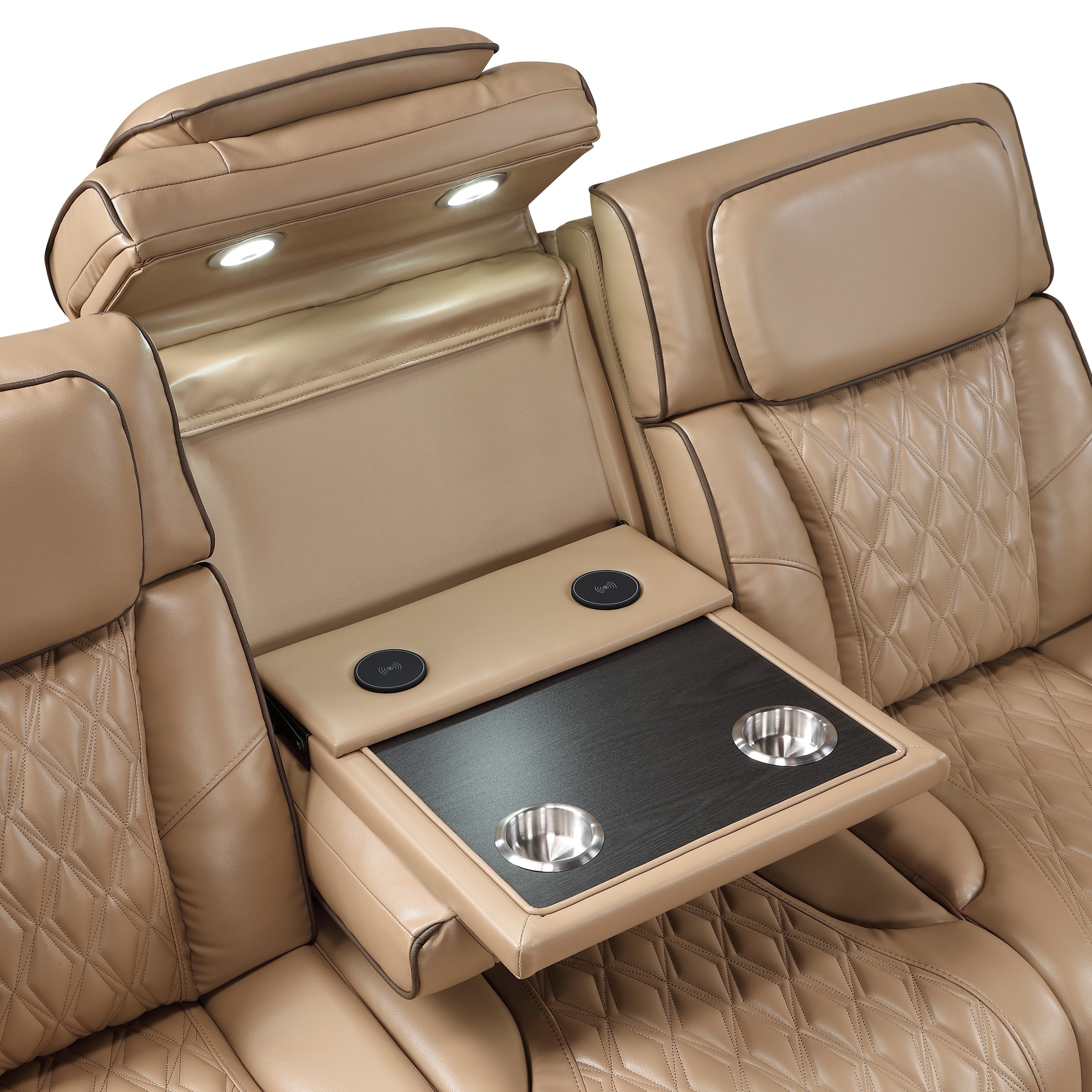 Fortuner Power Reclining 3Pc Living Room Set in Caramel Faux Leather with LED Lights, Massage Function, Bluetooth Speakers and Wireless Charging - Grand Goldman Shop