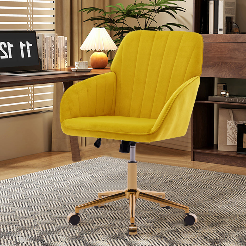 TY Modern Office Chair with Gold Base, Bright Yellow Velvet Upholstery, Wide Backrest and Adjustable Height for Home or Offic