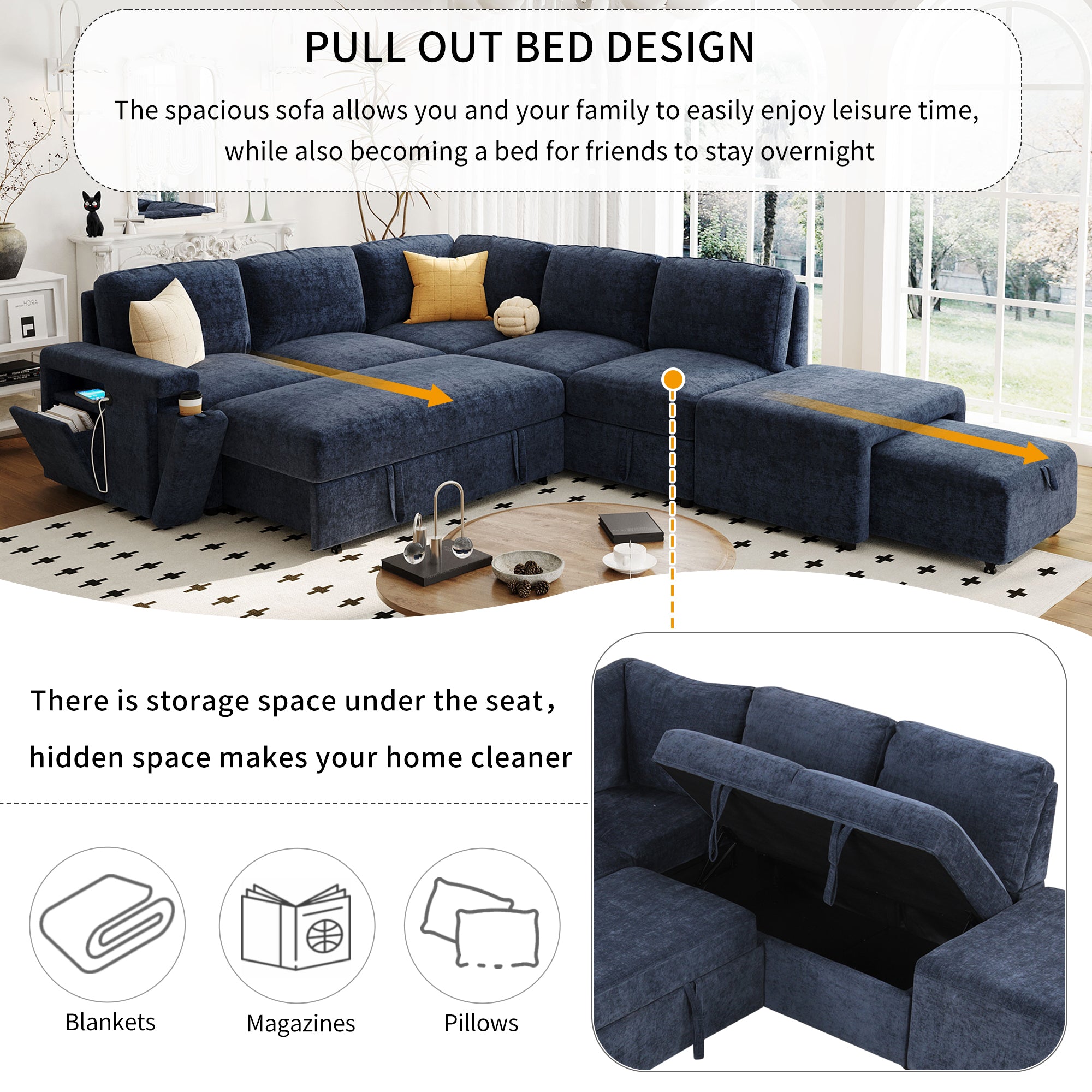 U_STYLE L-shaped Pull-Out Sofa Bed with Storage, USB Ports, and Cup Holders, Modular Design for Living Rooms, Offices & Apartments - Grand Goldman Shop