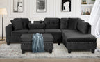 Modern Sectional Sofa with Storage Ottoman, L-Shape Couch with 2 Pillows and Cup Holders, Black Velvet, 105' - Grand Goldman Shop