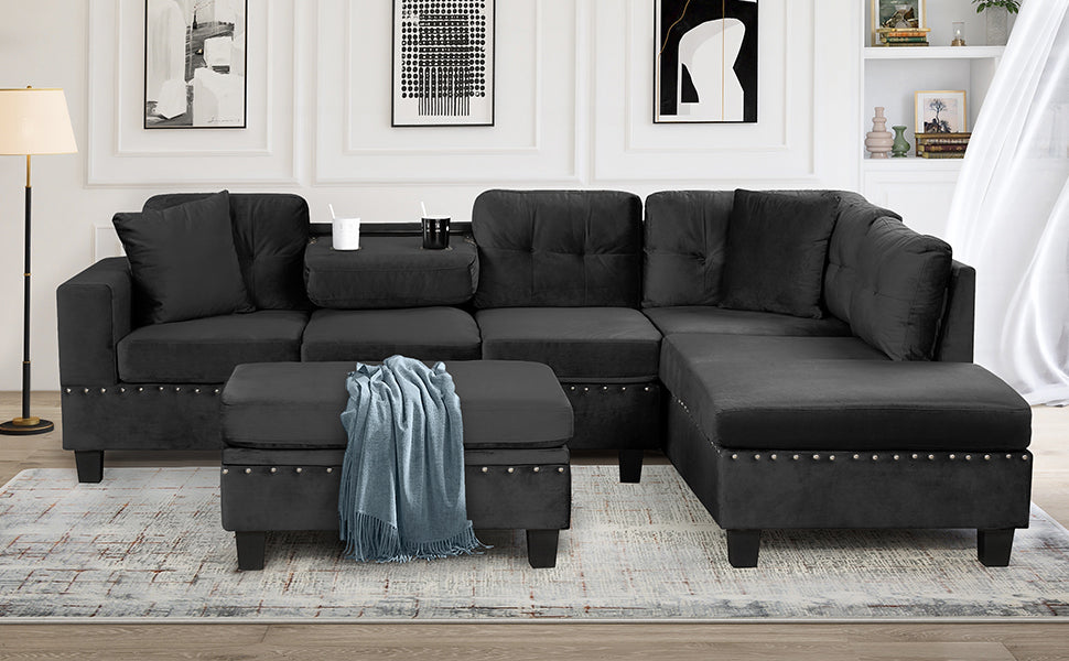 Modern Sectional Sofa with Storage Ottoman, L-Shape Couch with 2 Pillows and Cup Holders, Black Velvet, 105' - Grand Goldman Shop