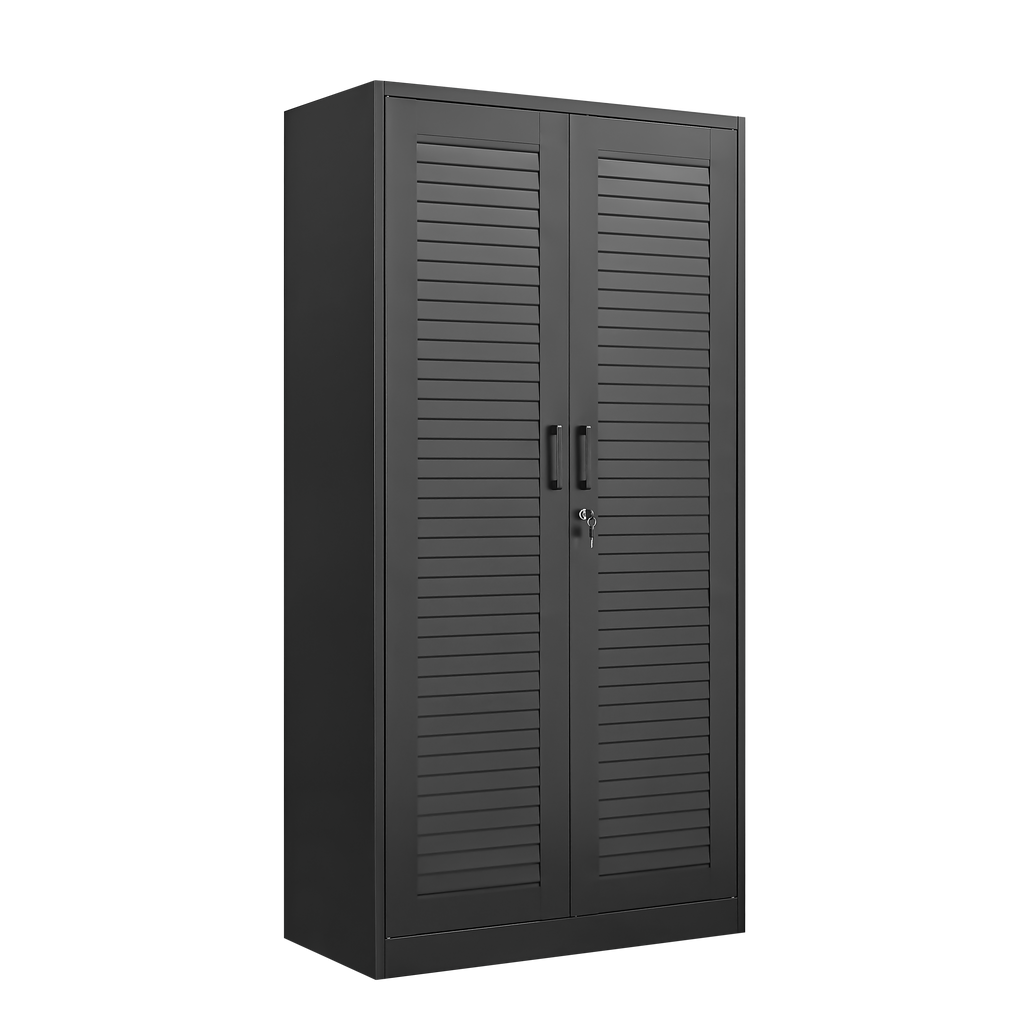 Wide & Deep Metal Storage Cabinet with Hanging Rod,Black Broom Closet Storage Cabinet with Lock, Tall Wardrobe Cabinets with 