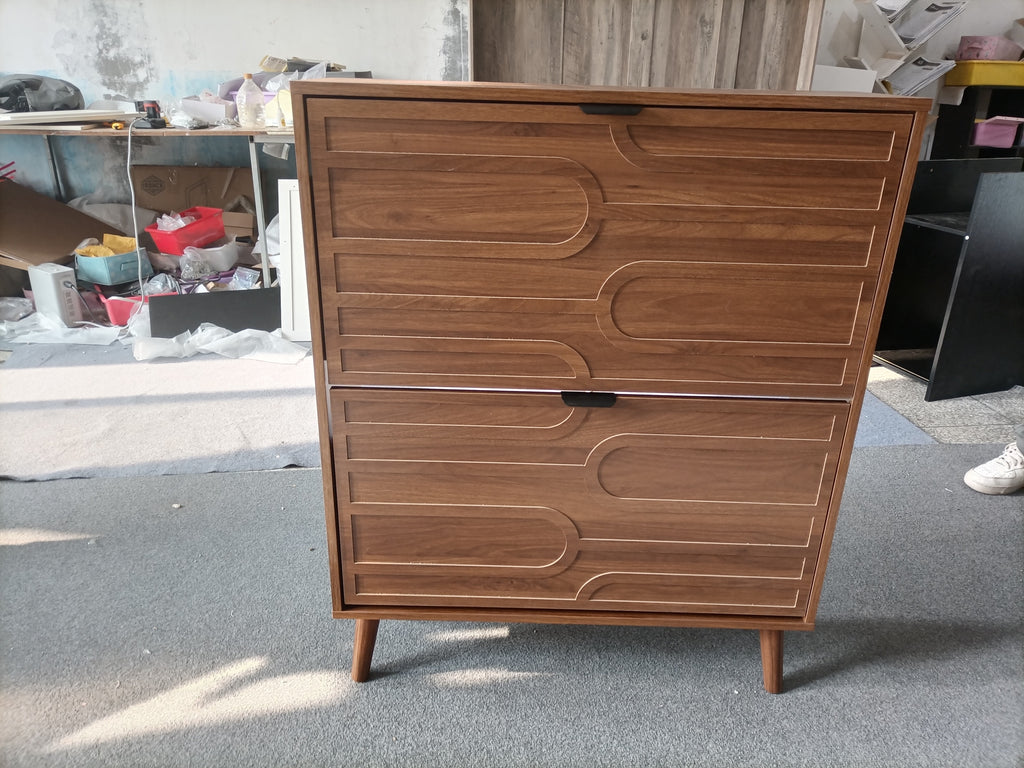 Medieval Modern Independent Shoe Cabinet with 2 Flip Drawers, Walnut MDF, 31.5-inch - Grand Goldman Shop