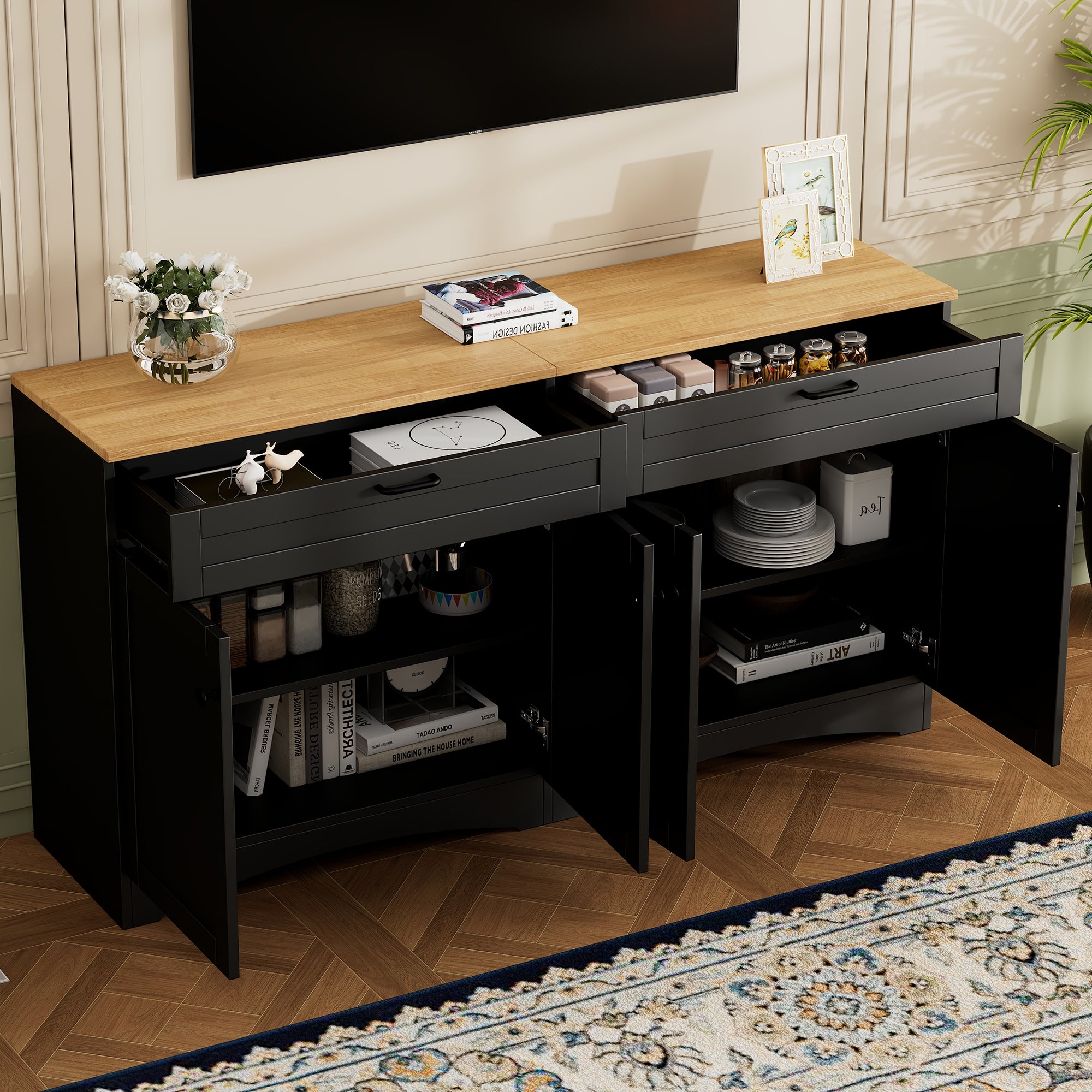 ON-TREND Farmhouse TV Stand with 2 Drawers for TVs Up to 70', Versatile Wood Grain Sideboard with Adjustable Shelves, Mid-Century Buffet Cabinet with Rustic Handles for Living Room/Bedroom, Black - Grand Goldman Shop