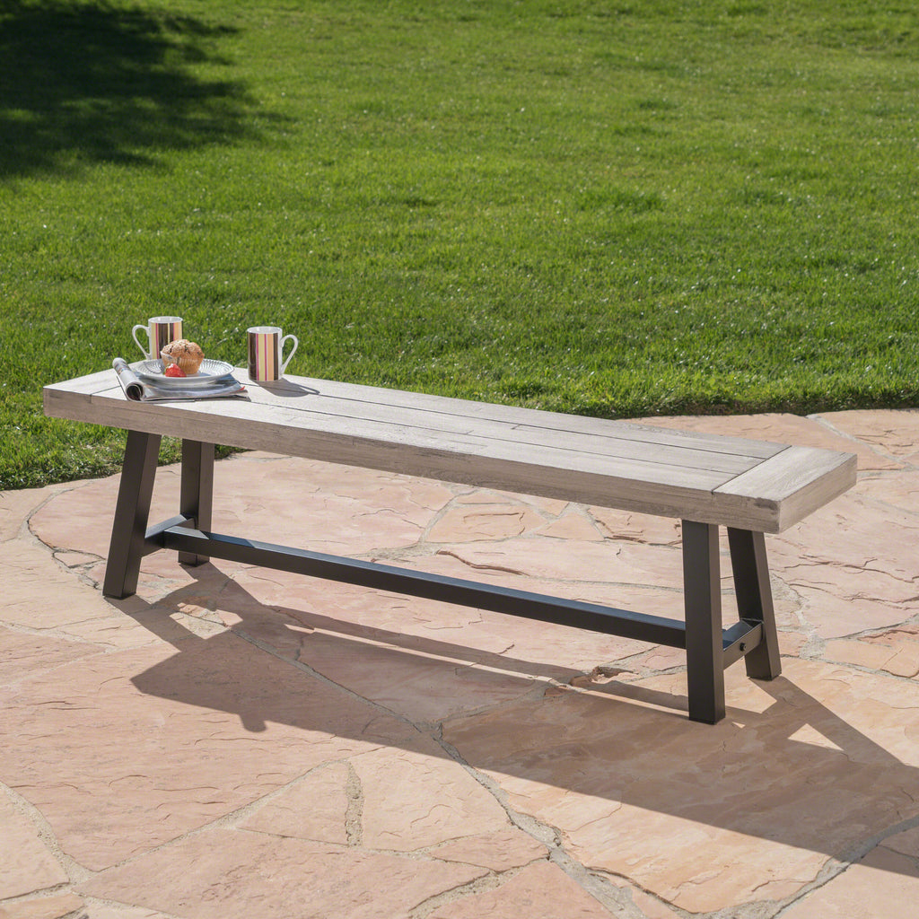 Tranquilizer Outdoor Acacia Wood Bench with Slat Panel Design, Sandblasted Light Gray + Black - Grand Goldman Shop