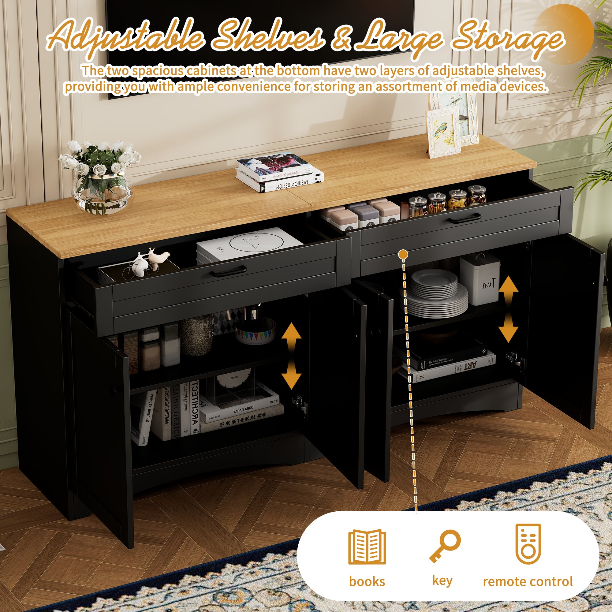 ON-TREND Farmhouse TV Stand with 2 Drawers for TVs Up to 70', Versatile Wood Grain Sideboard with Adjustable Shelves, Mid-Century Buffet Cabinet with Rustic Handles for Living Room/Bedroom, Black - Grand Goldman Shop