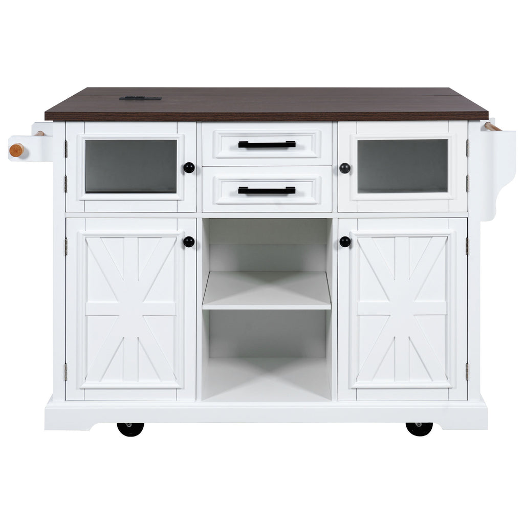 K&K 54.9' Kitchen Island with Drop Leaf, Power Outlet, Kitchen Storage Cart with 4 Door Shelves, Cross Barn Doors & Visual Glass Door, Rolling Kitchen Island on 4 Wheels for Kitchen, Dining Room,White - Grand Goldman Shop