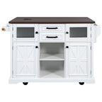 K&K 54.9' Kitchen Island with Drop Leaf, Power Outlet, Kitchen Storage Cart with 4 Door Shelves, Cross Barn Doors & Visual Glass Door, Rolling Kitchen Island on 4 Wheels for Kitchen, Dining Room,White - Grand Goldman Shop