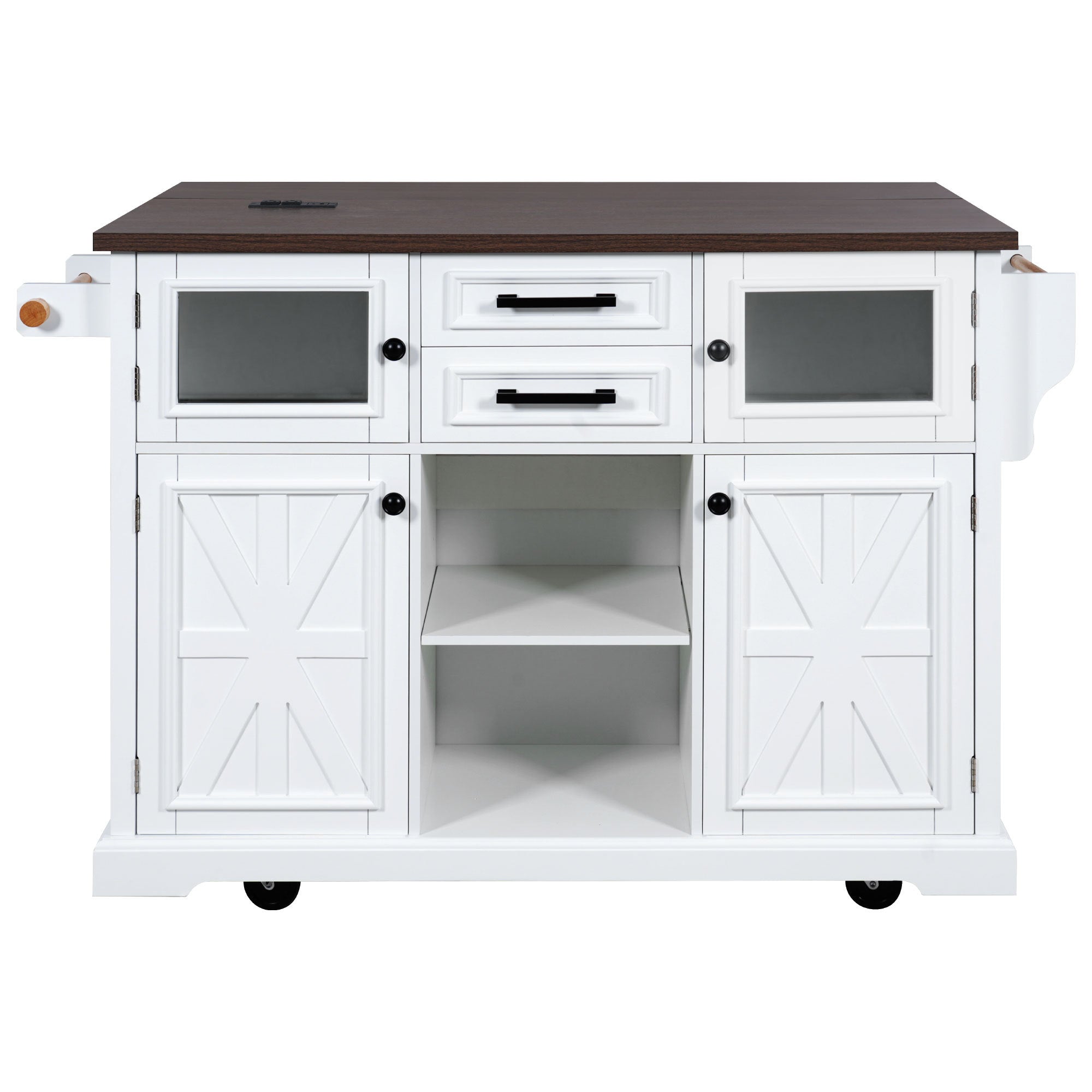 K&K 54.9' Kitchen Island with Drop Leaf, Power Outlet, Kitchen Storage Cart with 4 Door Shelves, Cross Barn Doors & Visual Glass Door, Rolling Kitchen Island on 4 Wheels for Kitchen, Dining Room,White - Grand Goldman Shop