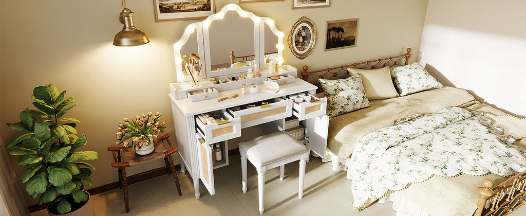 44.37 ' Makeup Vanity Desk with 13 Hollywood Bulbs and 3 Lighting Modes, Dressing Table with Tri-Fold Mirror   Large Vanity Table with 5 Drawers and Shelves and  Charging Station for Bedroom, White - Grand Goldman Shop