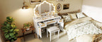 44.37 ' Makeup Vanity Desk with 13 Hollywood Bulbs and 3 Lighting Modes, Dressing Table with Tri-Fold Mirror   Large Vanity Table with 5 Drawers and Shelves and  Charging Station for Bedroom, White - Grand Goldman Shop
