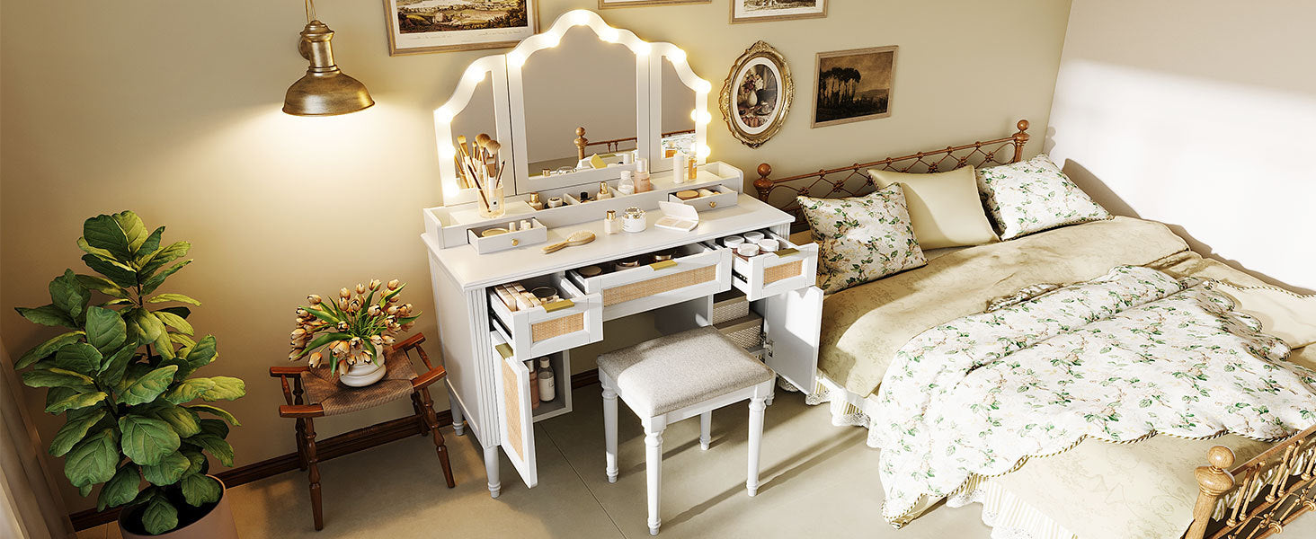 44.37 ' Makeup Vanity Desk with 13 Hollywood Bulbs and 3 Lighting Modes, Dressing Table with Tri-Fold Mirror   Large Vanity Table with 5 Drawers and Shelves and  Charging Station for Bedroom, White - Grand Goldman Shop