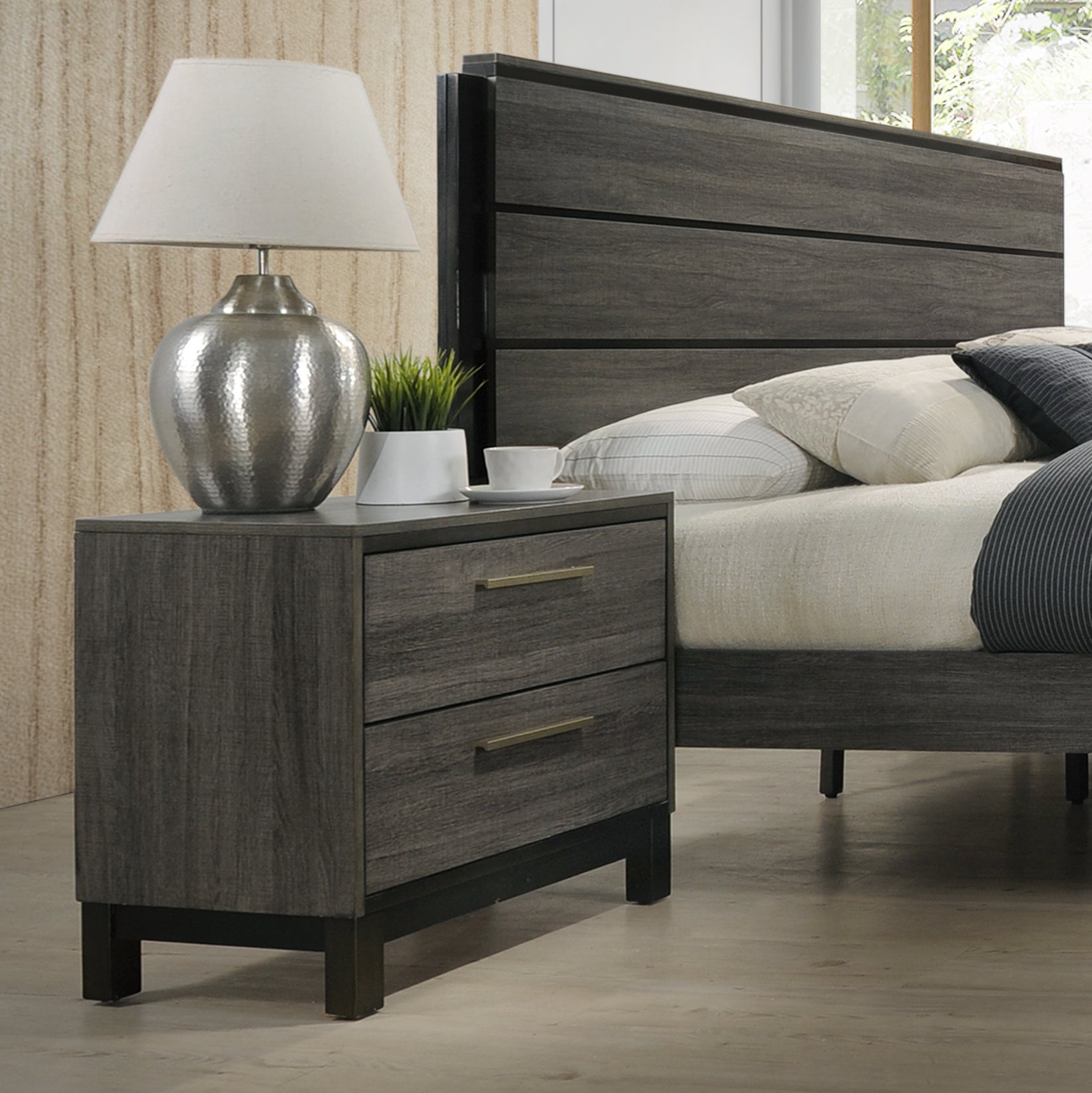 Ioana Antique Grey Wood 6-piece King Size Bedroom Set, Dresser, Mirror, 2 Night Stands , Chest - Grand Goldman Shop