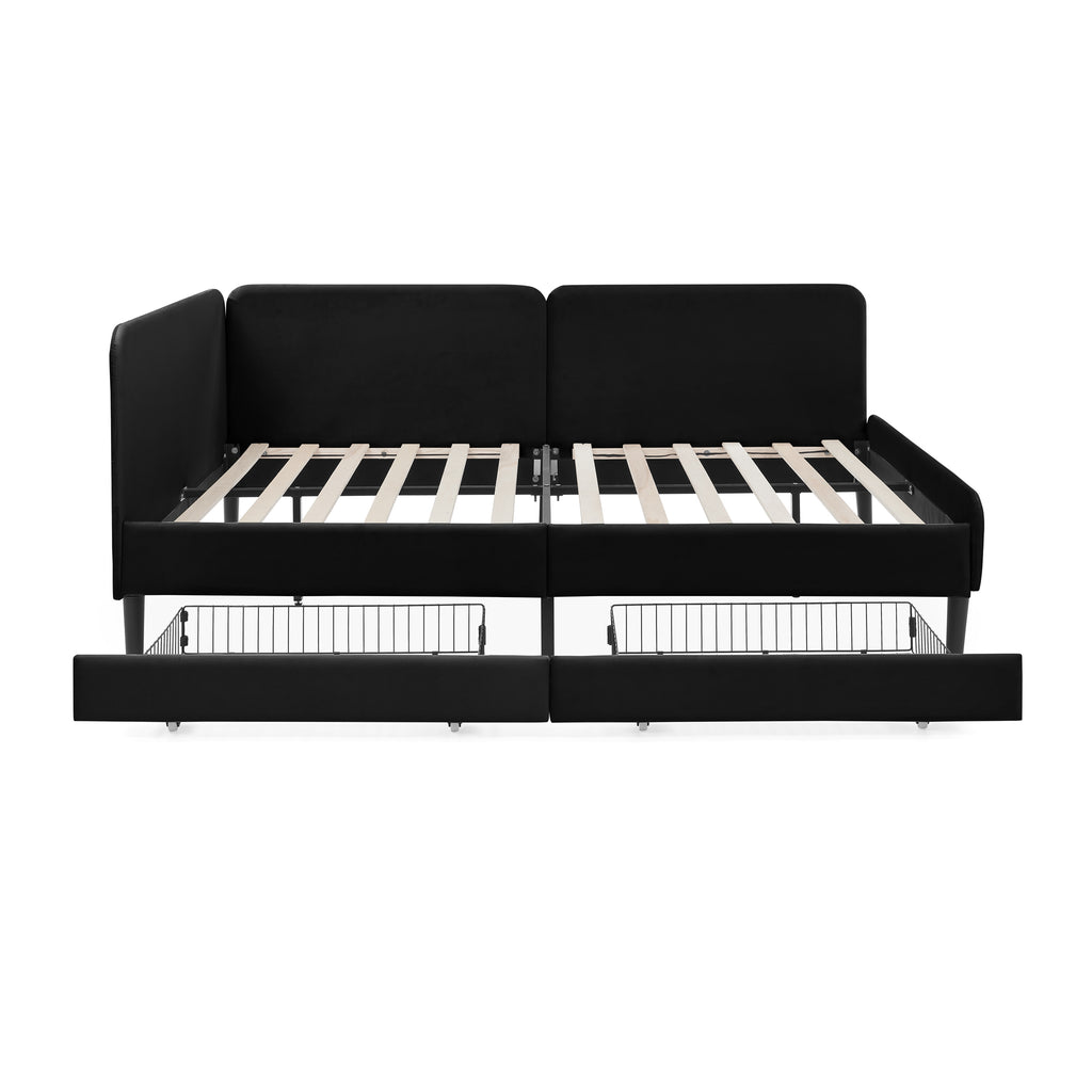 Black Velvet Upholstered Platform Bed Frame with 2 Storage Drawers and Adjustable Sofa Bed, Full Size - Grand Goldman Shop