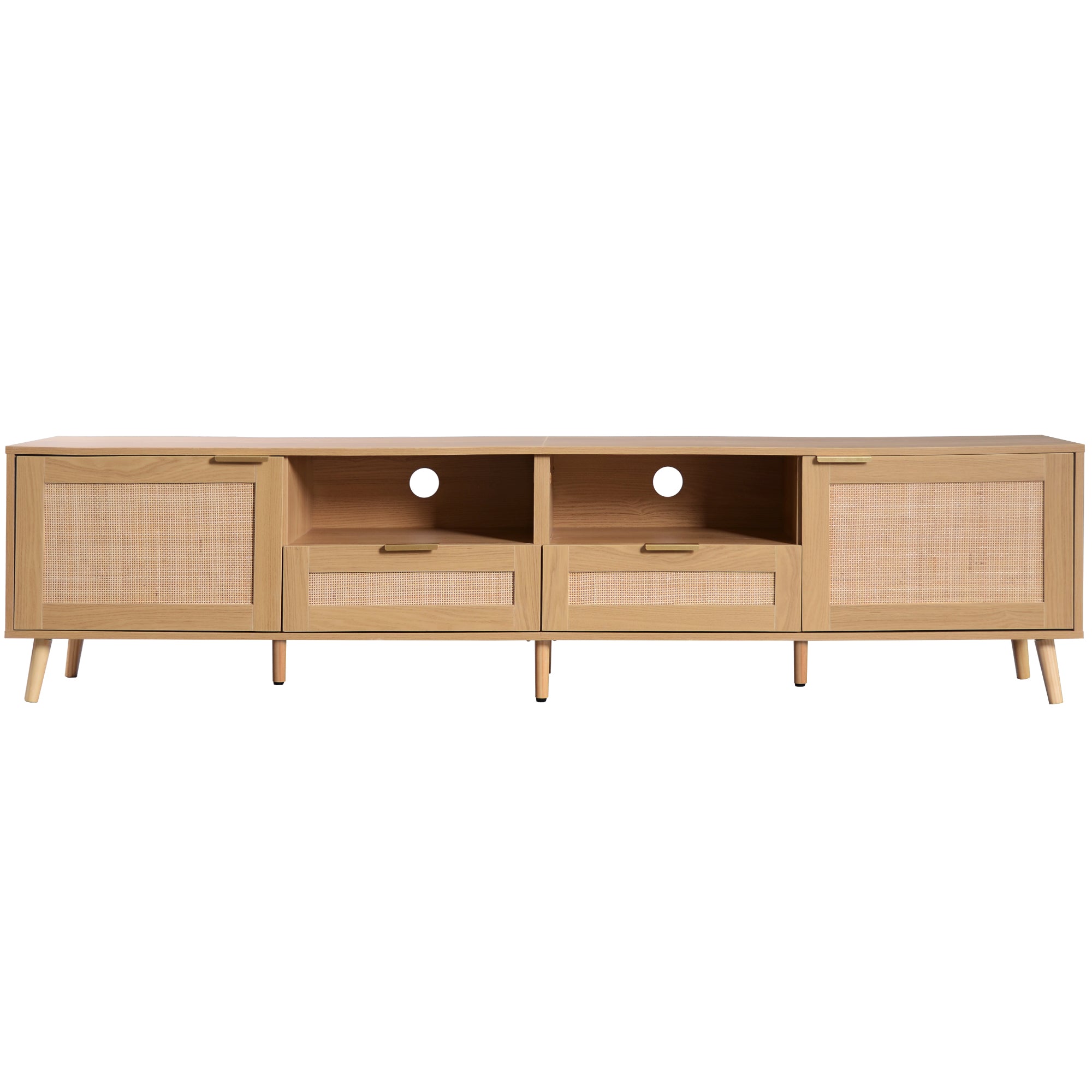 Modern Farmhouse Rattan TV Stand for TVs up to 85'', Solid Wood Legs, Media Console with MDF Board, Living Room Entertainment Center in Wood Finish - Grand Goldman Shop