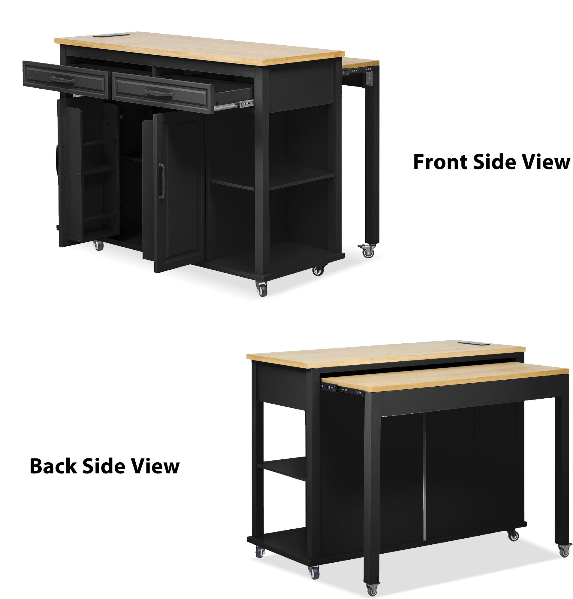 K&K 47 inch Kitchen Island with Extendable Dining Table, Rubber Wood Veneer Kitchen Table with Internal Storage Rack, Power Outlet, Kitchen island with Storage 2 Drawers 2 Cabinet, Black - Grand Goldman Shop