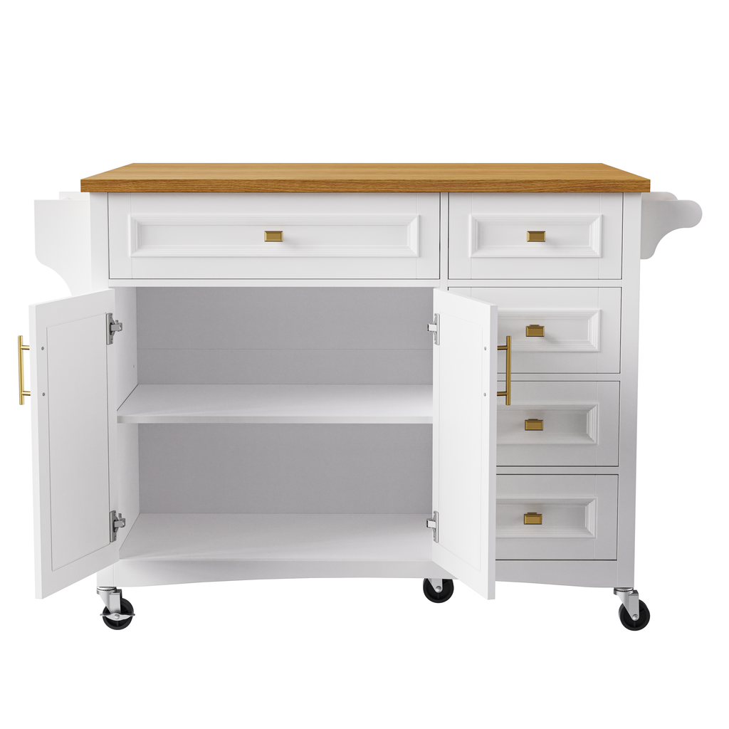 K&K 52'' Kitchen Island with Drop Leaf, Embossed Texture Kitchen Island on Wheels with Spice Rack, Towel Rack, 2 Doors and 5 Drawers, Kitchen Storage Cart with Adjustable Shelf for Kitchen, White - Grand Goldman Shop