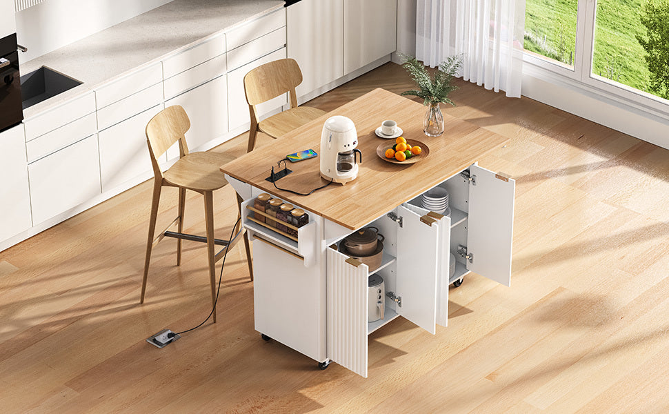 K&K 55.5' Fluted Kitchen Island with 2 Drop Leaf, Kitchen Storage Cart with Power Outlet, 4 Doors, Spice rack, Rolling Island Table with Wood-grain Top, Curved Edge for Kitchen, Dining Room,White - Grand Goldman Shop