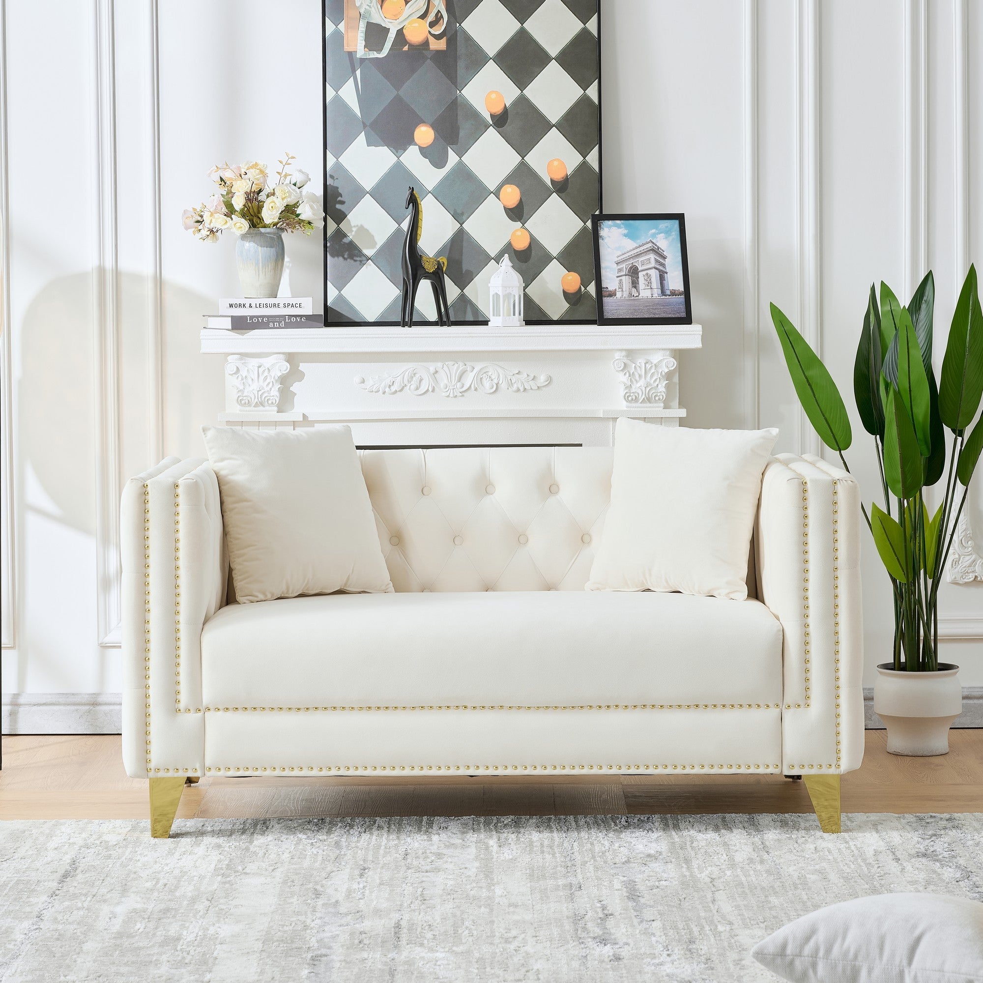 58'Chesterfield Velvet Sofa,2 Seater Deep Seat Sofa,Modern Sofa with Button Nailhead,Square Arm Couches,Furniture for Living Room,Bedroom,Office(Beige) - Grand Goldman Shop