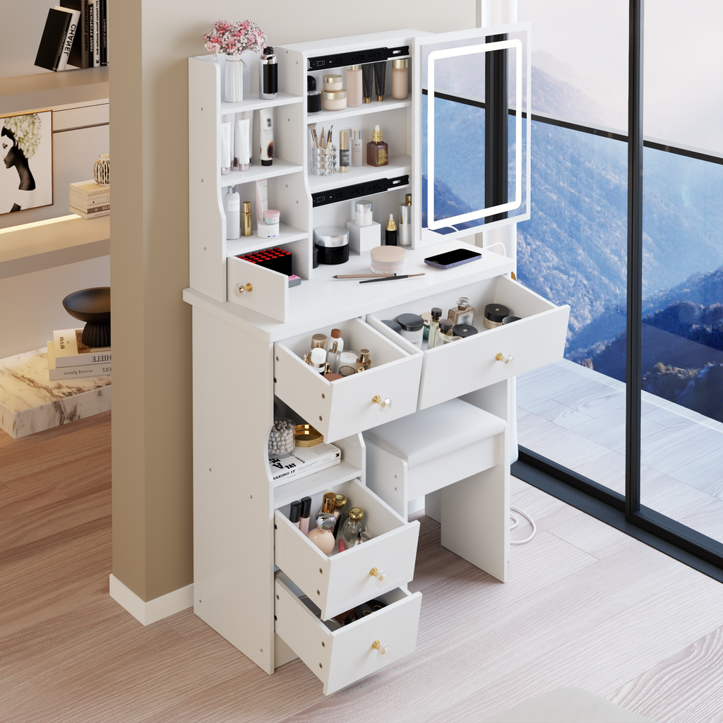 29.2' Small Size Drawer Desktop Vanity Table + Cushioned Stool, 2 AC+2 USB Power Station, Hair dryer bracket, Extra Large Touch Control Sliding LED Mirror, 3-color Switching, EPA, GCC, UL Certificate - Grand Goldman Shop