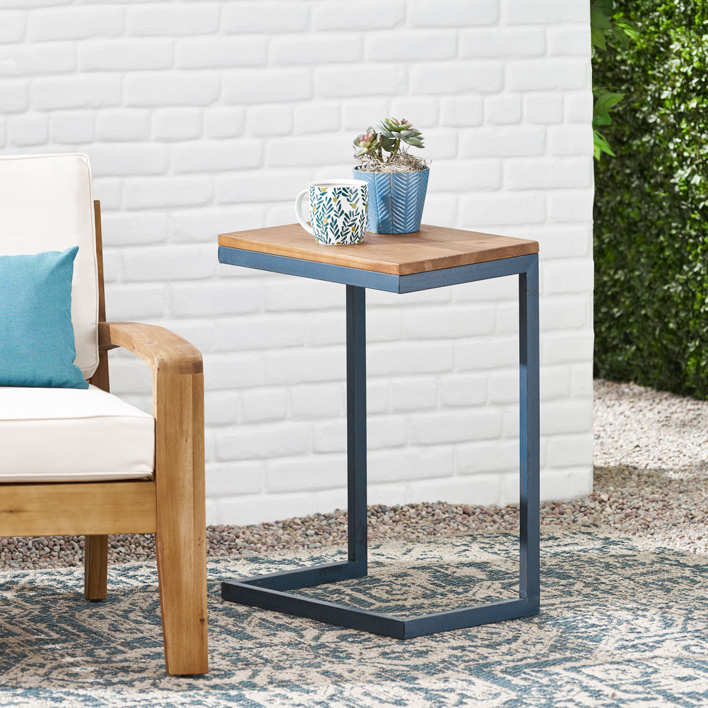 Large C-shaped End Table with Iron Base and Fir Wood Top, Black - Grand Goldman Shop