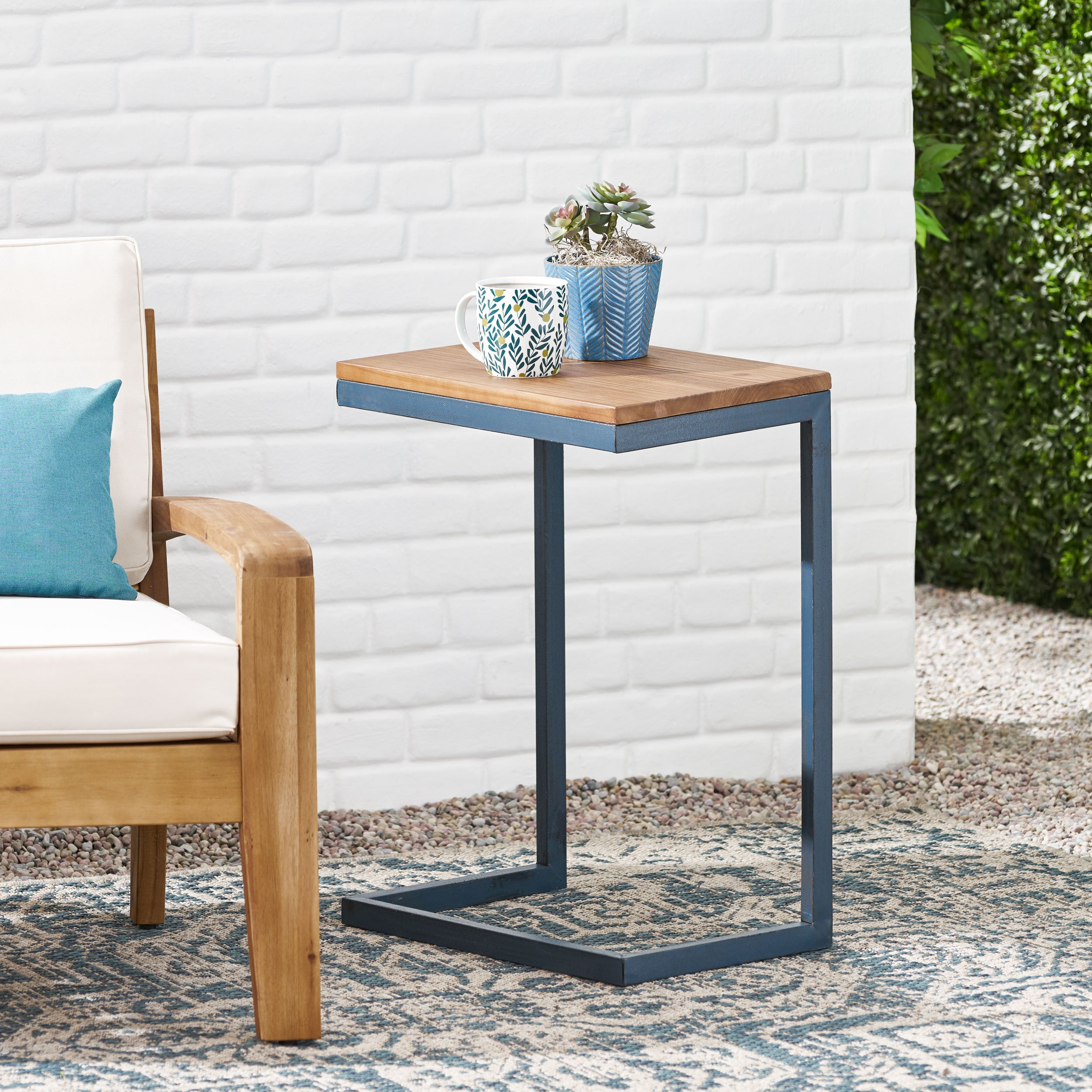 Large C-shaped End Table with Iron Base and Fir Wood Top, Black - Grand Goldman Shop