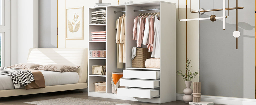 Doorless Wooden Storage Wardrobe for Dedroom with Shelves and 3 Drawers, White - Grand Goldman Shop