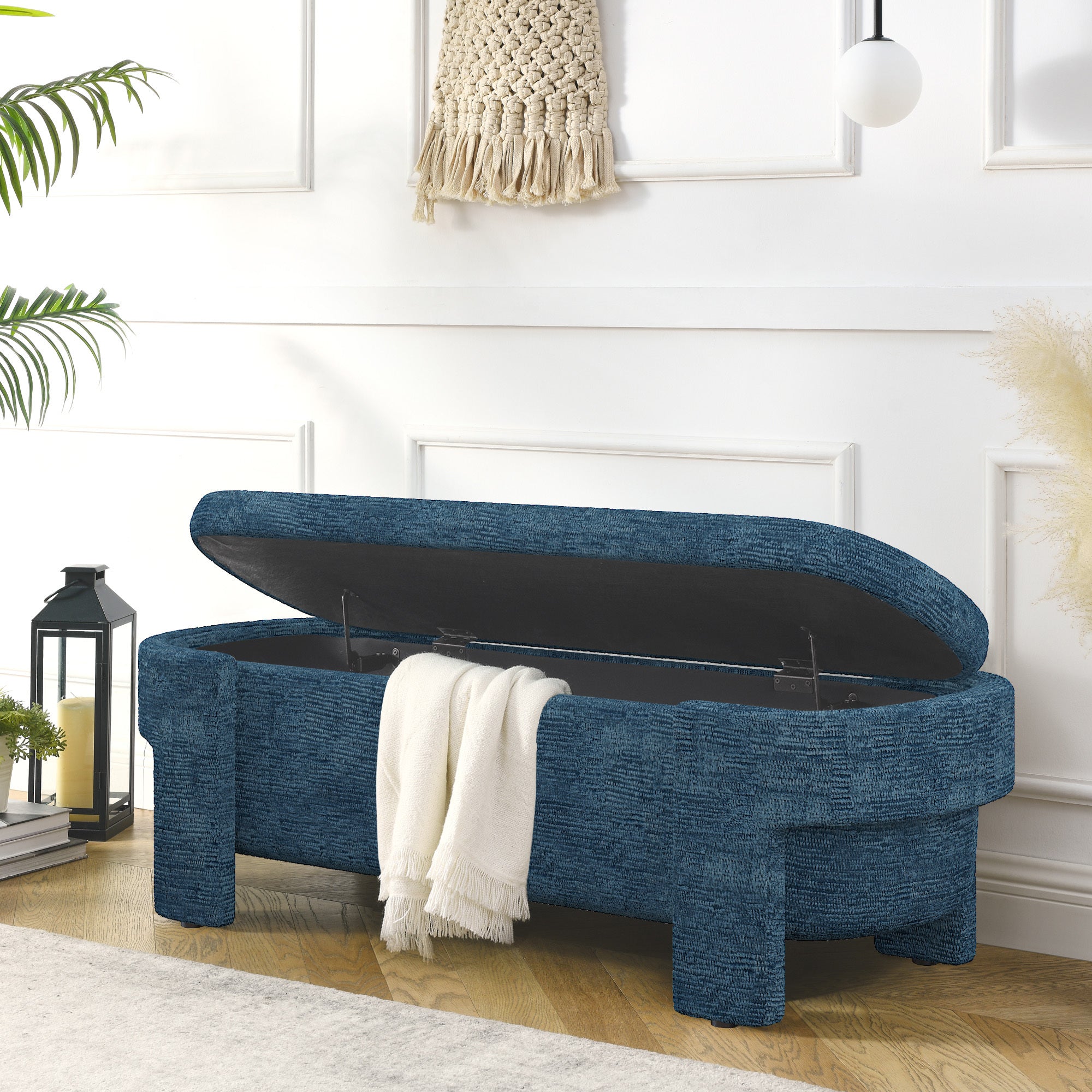 Linen Fabric Upholstered Bench with Large Storage Space for the Living Room, Entryway and Bedroom,dark blue( 51.5''x20.5''x17'' ) - Grand Goldman Shop