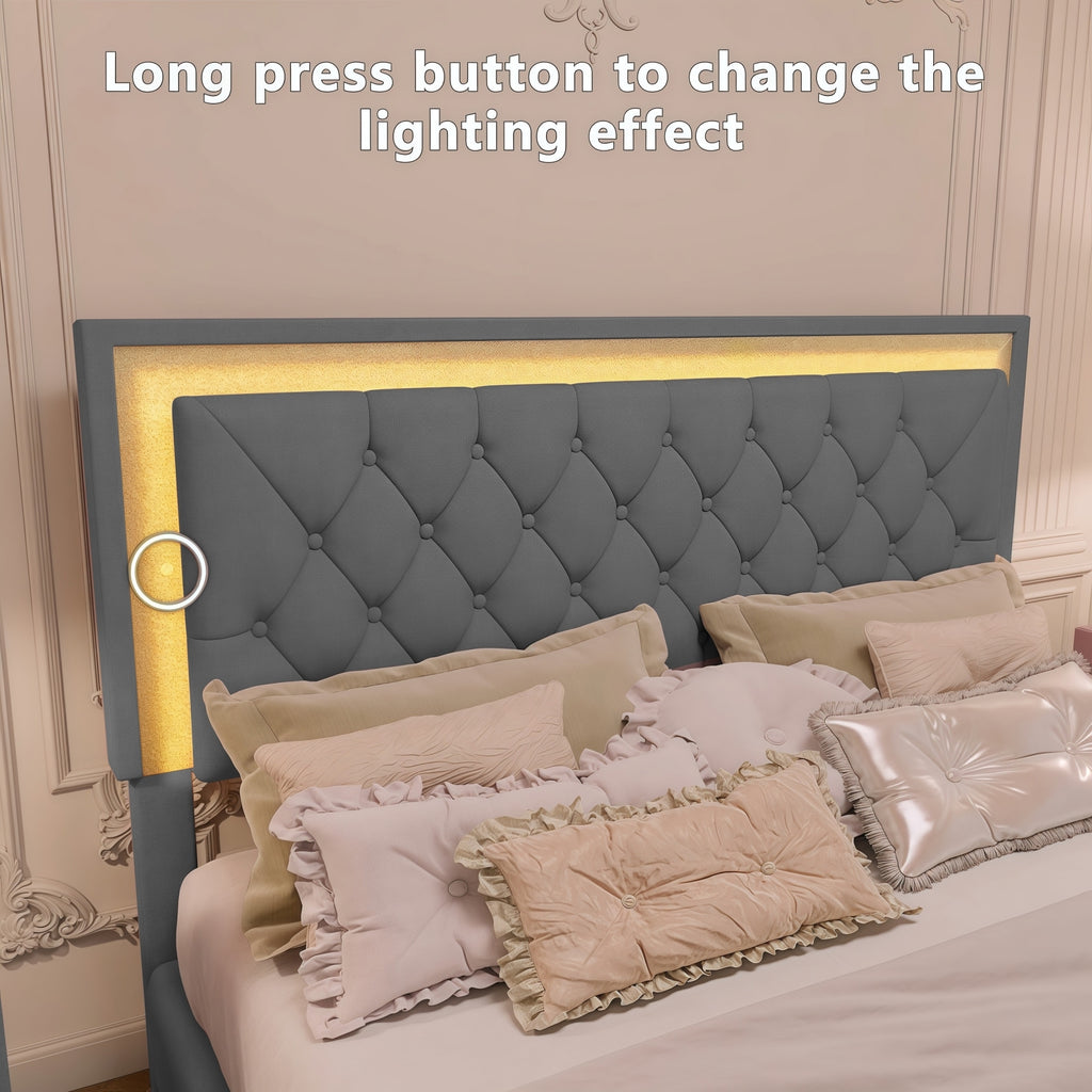 3-Pieces Bedroom Sets,Queen Size Upholstered Platform Bed with LED Lights and Two Nightstands-Gray - Grand Goldman Shop