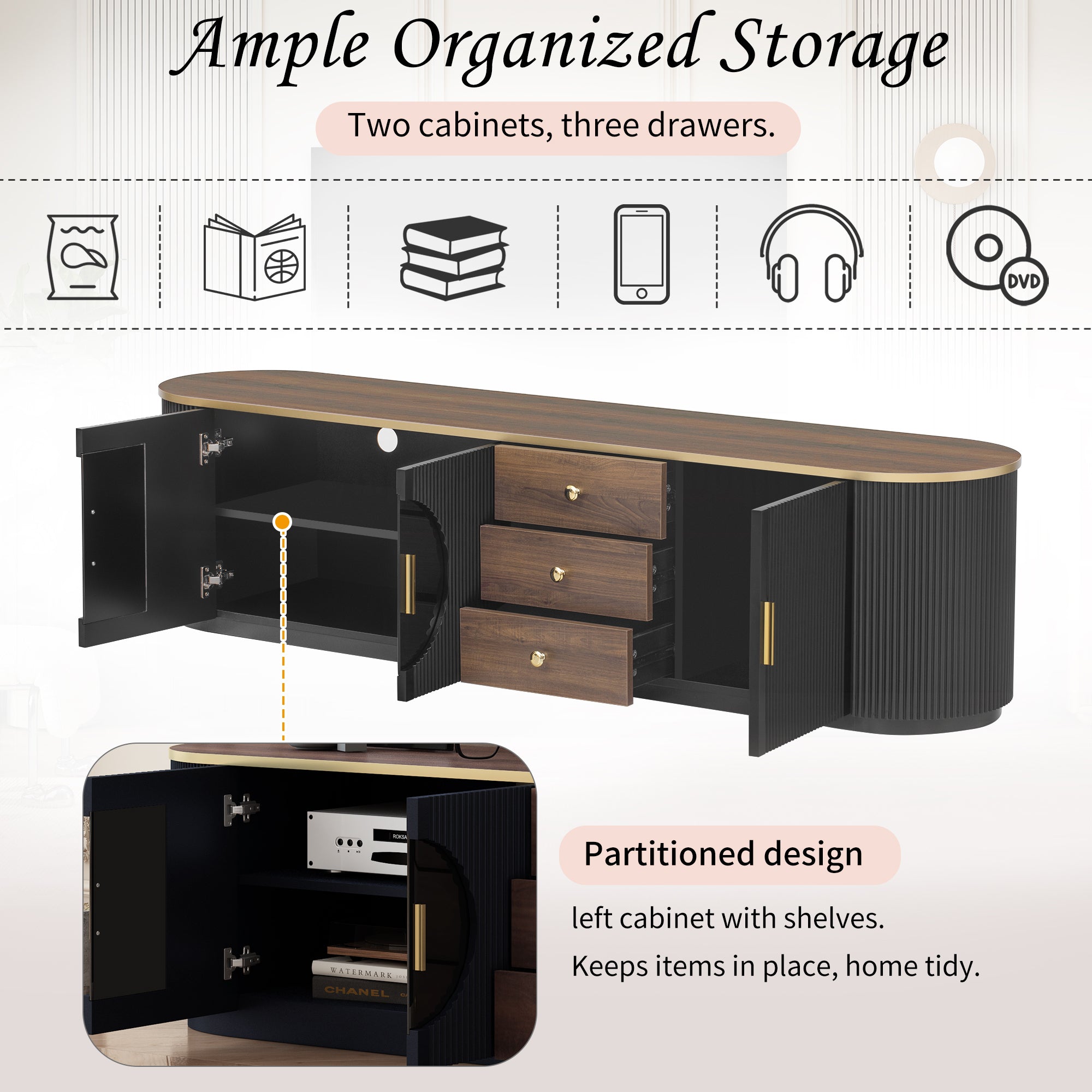 70.8'' Modern Minimalist TV Stand for TVs up to 80 Inches, Entertainment Center with 3 Drawers and 1 Shelf, Metal Handles and 2 Cabinets for Living room - Grand Goldman Shop
