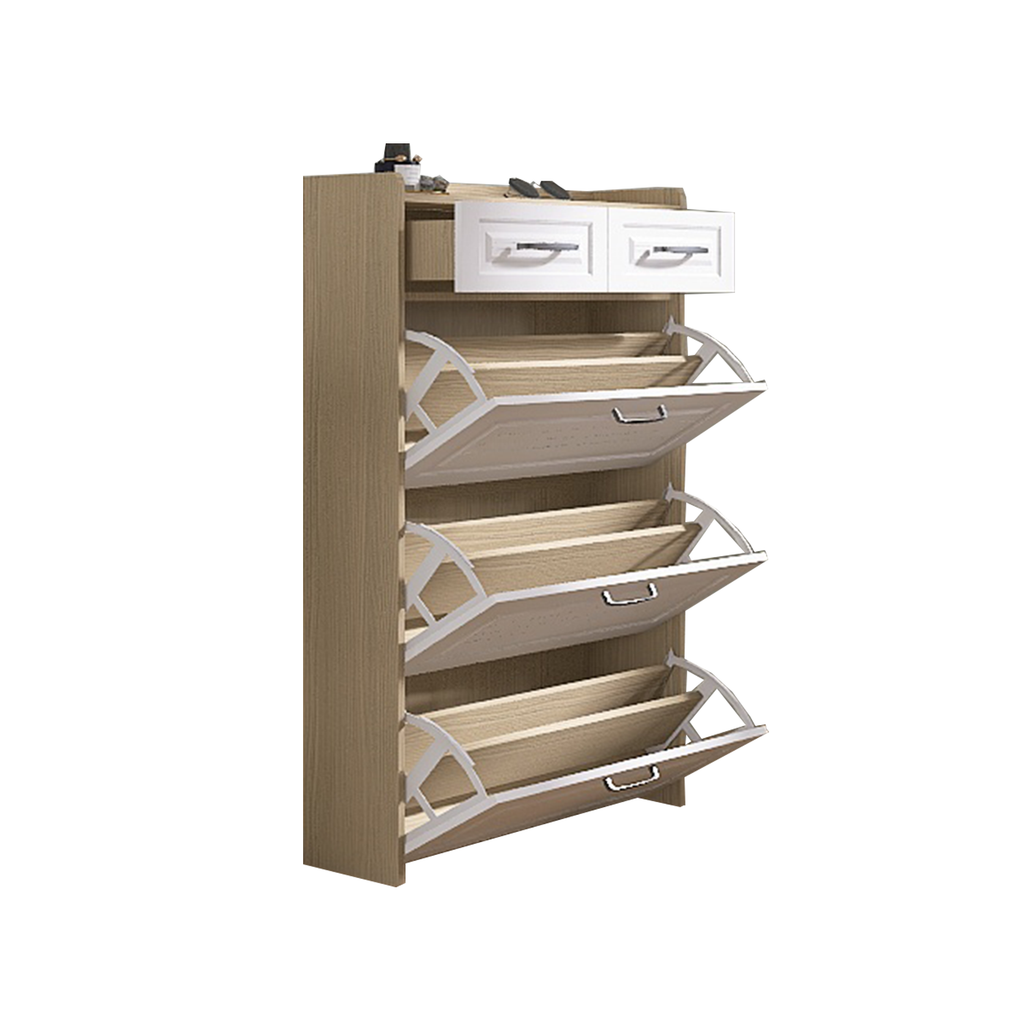 1250 White +Oak Color shoe cabinet  with 3 doors 2 drawers,large space for storage - Grand Goldman Shop
