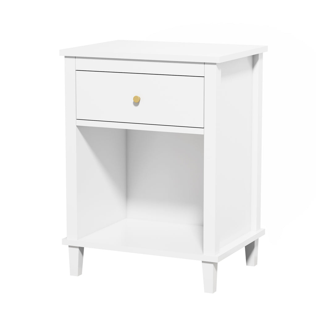 26.77''H White Wooden Nightstand with One Drawer and Shelf, Golden Handle, MDF Construction for Kids and Adults - Grand Goldman Shop