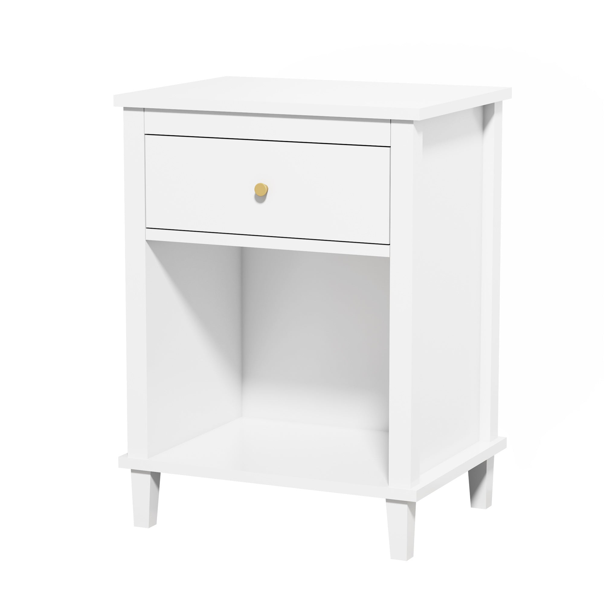 26.77''H White Wooden Nightstand with One Drawer and Shelf, Golden Handle, MDF Construction for Kids and Adults - Grand Goldman Shop