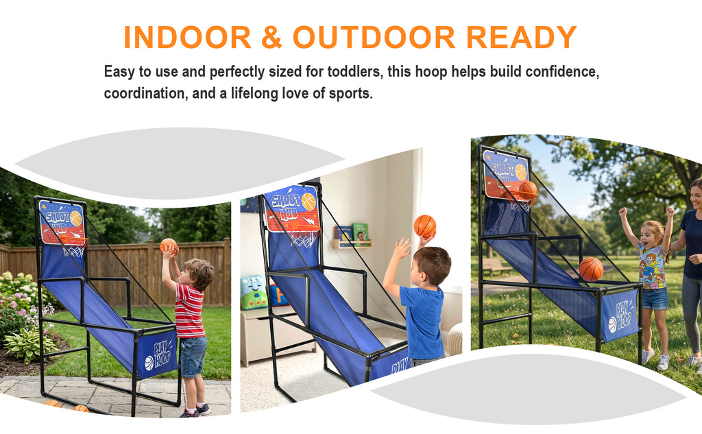 Kids Single Shot Basketball Arcade Game, Indoor Basketball Hoop with 2 Balls & Pump, Foldable Stand for Toddlers & Children -