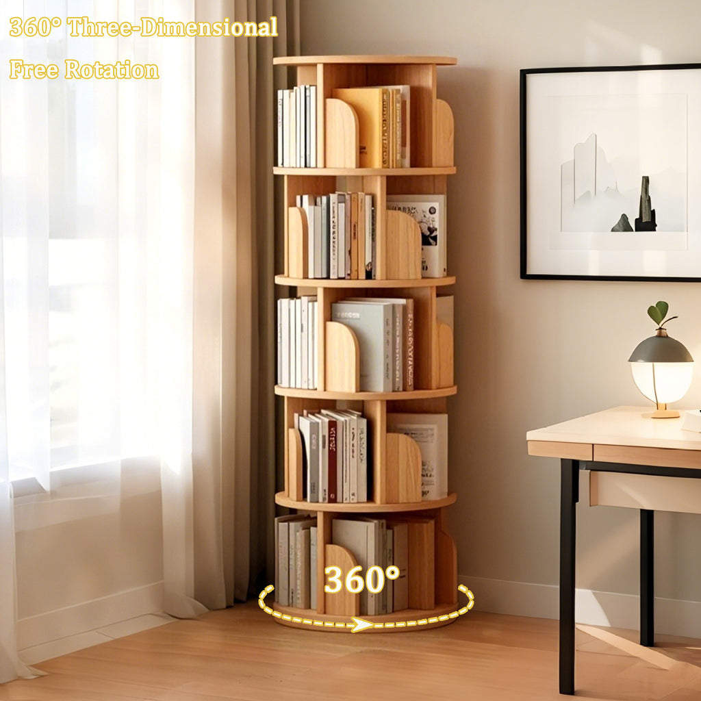 5 Tier Rotating Bookshelf, 360° Display Round Spinning Bookshelf, Space-Saving, Small Space Rotating Bookshelf Tower for Bedroom, Living Room, Home, Office, Wood Color - Grand Goldman Shop