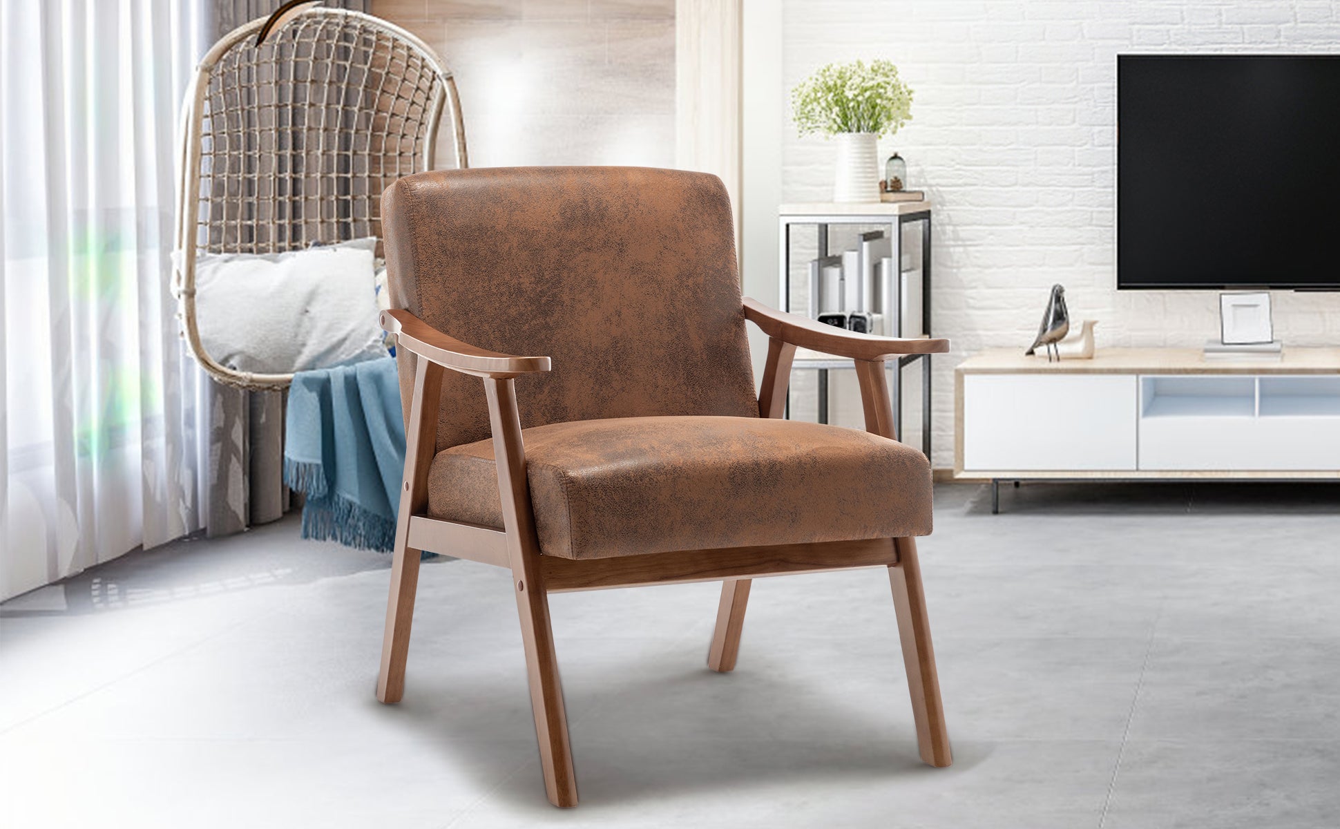Mid-Century Modern Wingback Accent Chair with Solid Wood Frame and Extra-Thick Backrest – Lounge Chair for Living Room, Bedroom, or Reading Room - Grand Goldman Shop