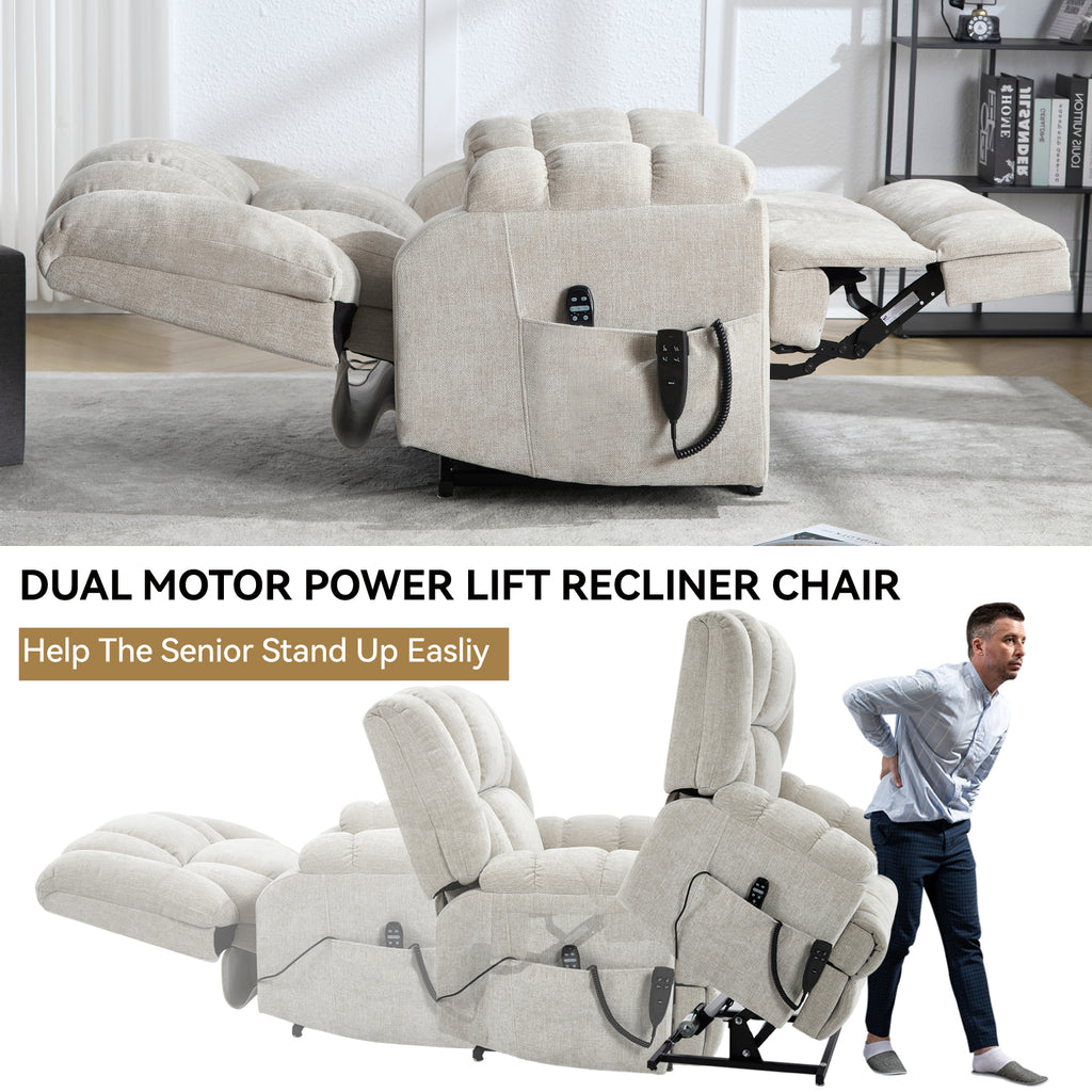 Dual Motor Heat Massage Infinite Position Up to 350 LBS Electric Power Lift Recliners with Power-Remote, Medium-firm and Heavy Duty, Beige - Grand Goldman Shop