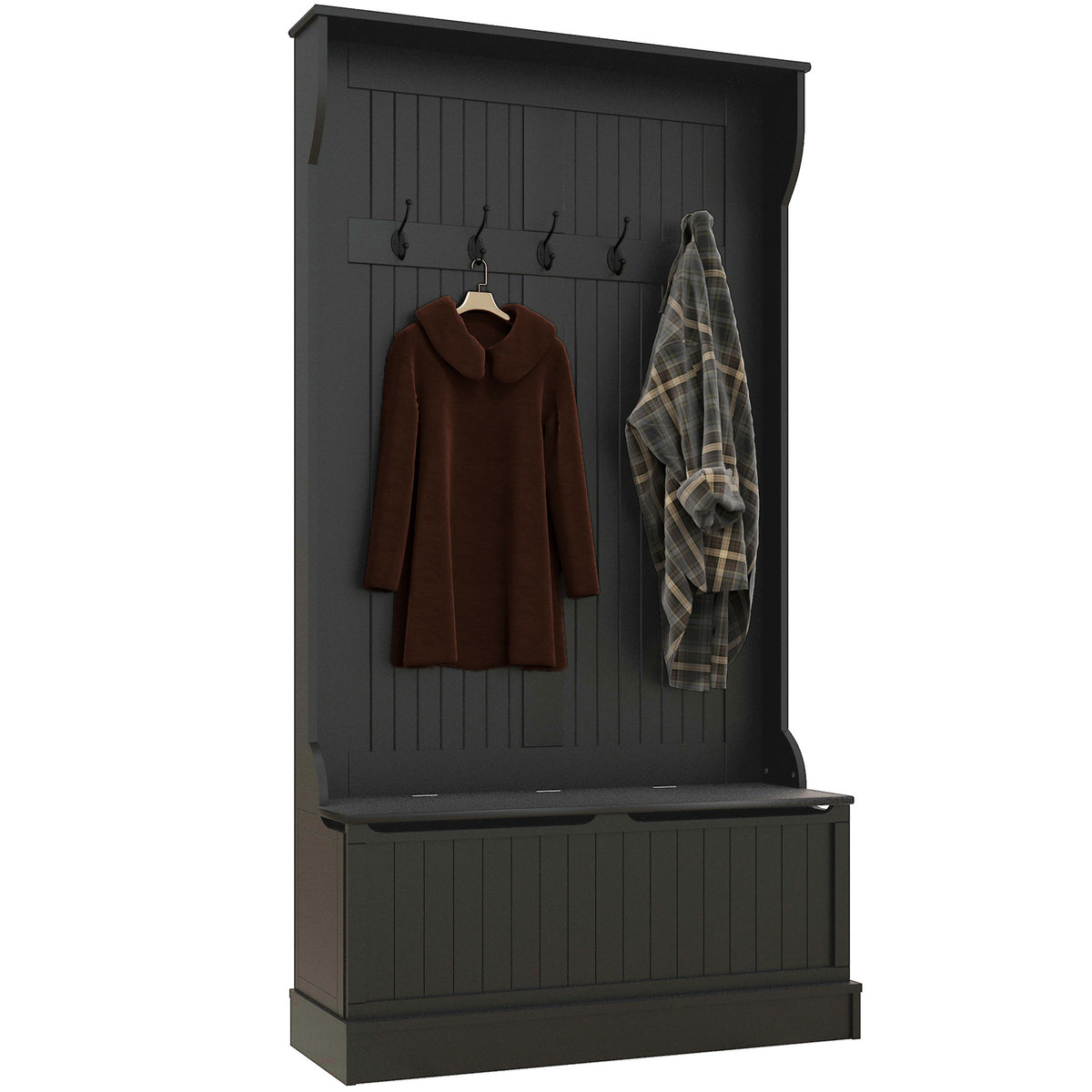 HOMCOM 3-In-1 Entryway Hall Tree with Storage Bench, Coat Rack with Four Hooks and Shoe Storage, Black - Grand Goldman Shop