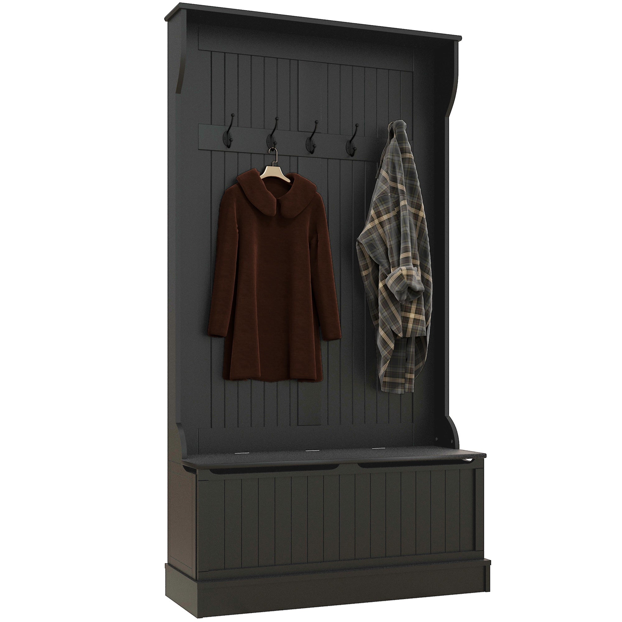HOMCOM 3-In-1 Entryway Hall Tree with Storage Bench, Coat Rack with Four Hooks and Shoe Storage, Black - Grand Goldman Shop
