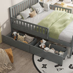 Twin Size Wood Platform Bed with Guardrails on Both Sides and Two Storage Drawers, Gray - Grand Goldman Shop