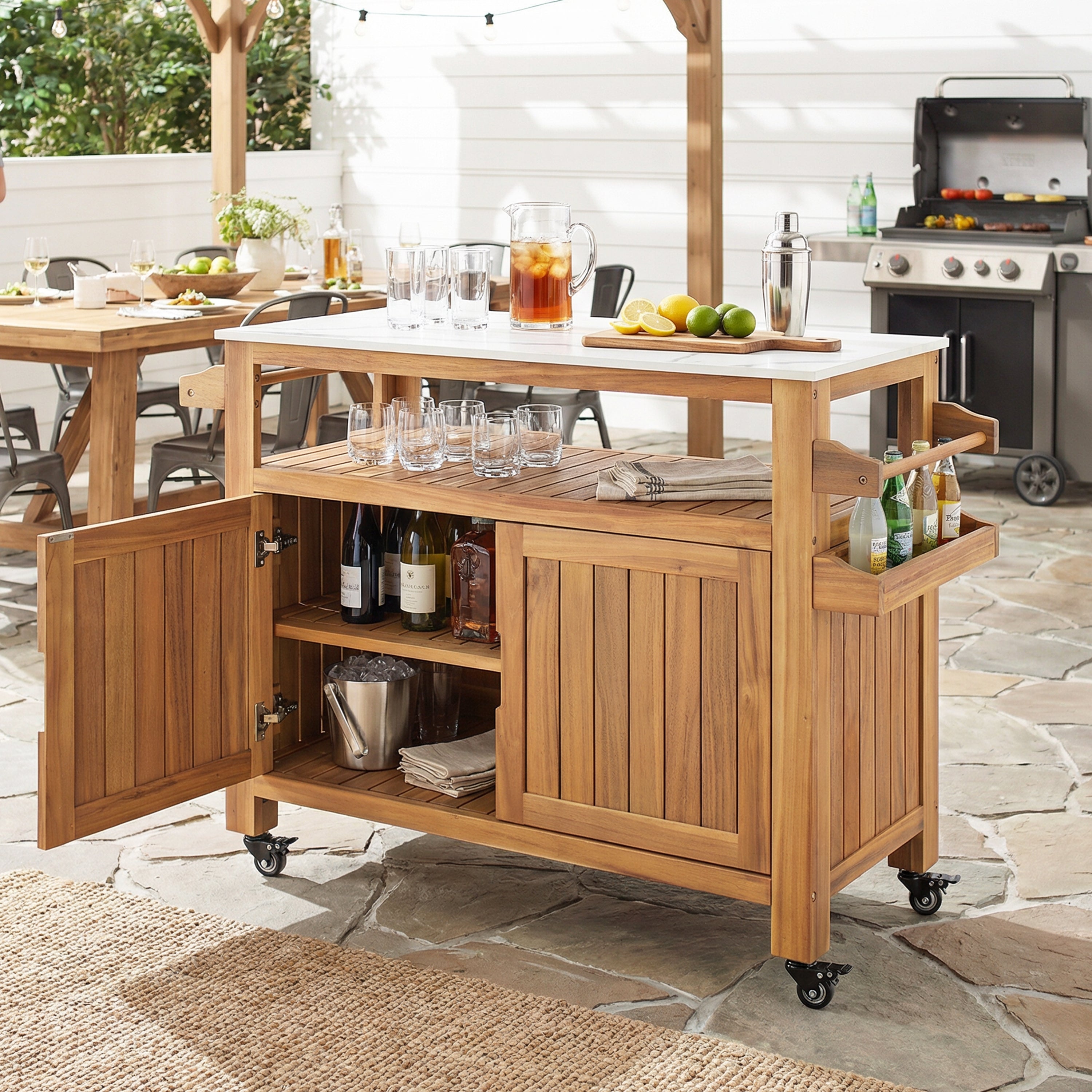 Murphy Outdoor Patio Acacia Wood Bar Cart, Natural Finish, Set of 1 - Grand Goldman Shop