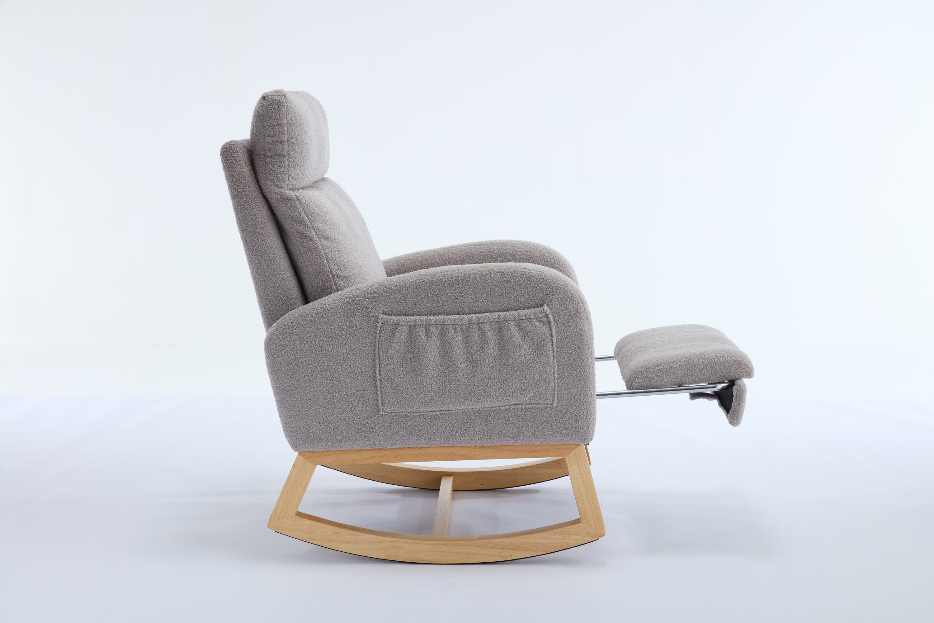 015B-Teddy Fabric Leisure Rocking Chair,Nursery Rocking Chair With Adjustable Footstool,Thickened Headrest And High Backrest, Storage Pocket On The Right Side,The Base Rocker Is Solid Wood,Light Gray - Grand Goldman Shop