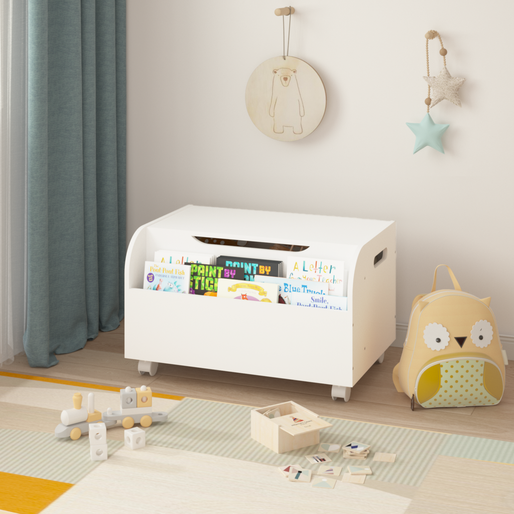 White Wooden Toy Box with 4 Universal Wheels, Kids Playroom Storage Organizer with Front Bookshelf, Flip-Top Lid, Safety Hing