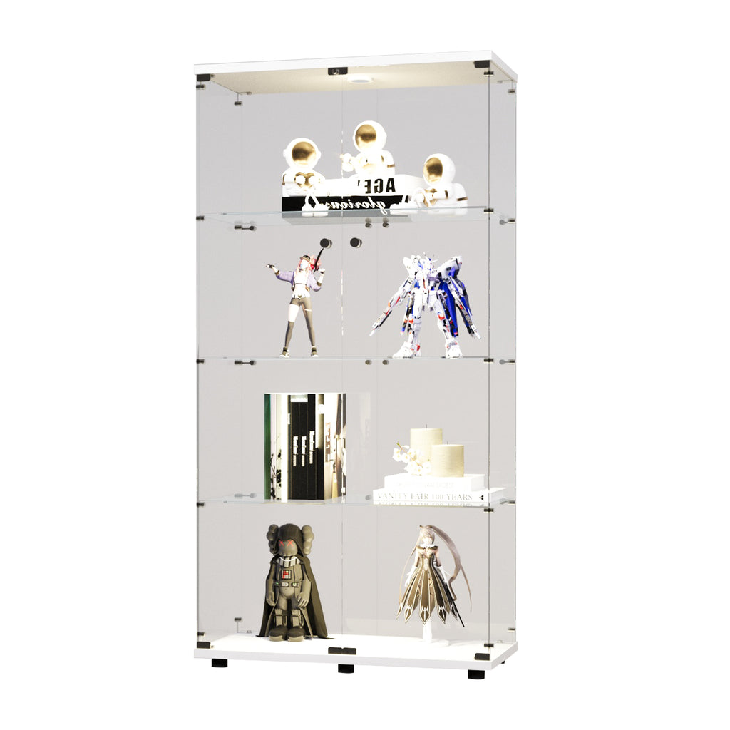 Two-door LED lights  Glass Display Cabinet 4 Shelves with Door, Floor Standing Curio Bookshelf for Living Room Bedroom Office