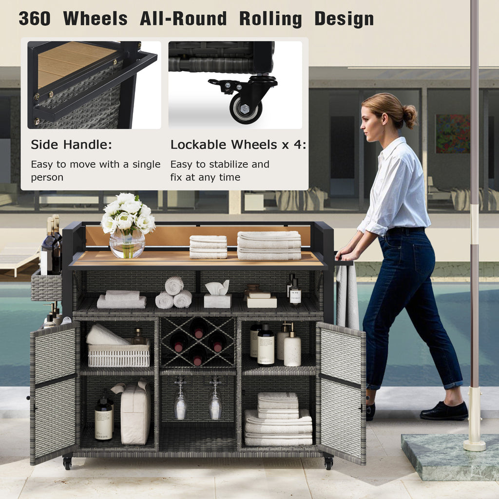 K&K 52.8'W Wicker Outdoor Grill Cart with Extended Plastic Wood Table Top, Rolling Kitchen Island on Wheels with Storage Cabinet, for Patio Backyard Garden Poolside, Double Handle Design, Grey - Grand Goldman Shop