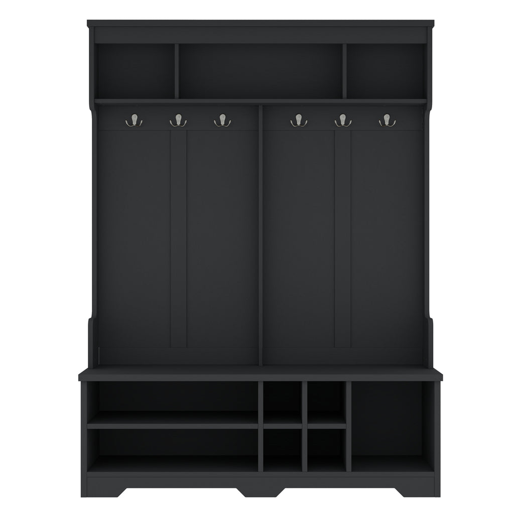 Modern Hallway Hall Tree with Metal Hooks and Storage Space, Multi-Functional Entryway Coat Rack with Shoe Cubbies, Black - Grand Goldman Shop