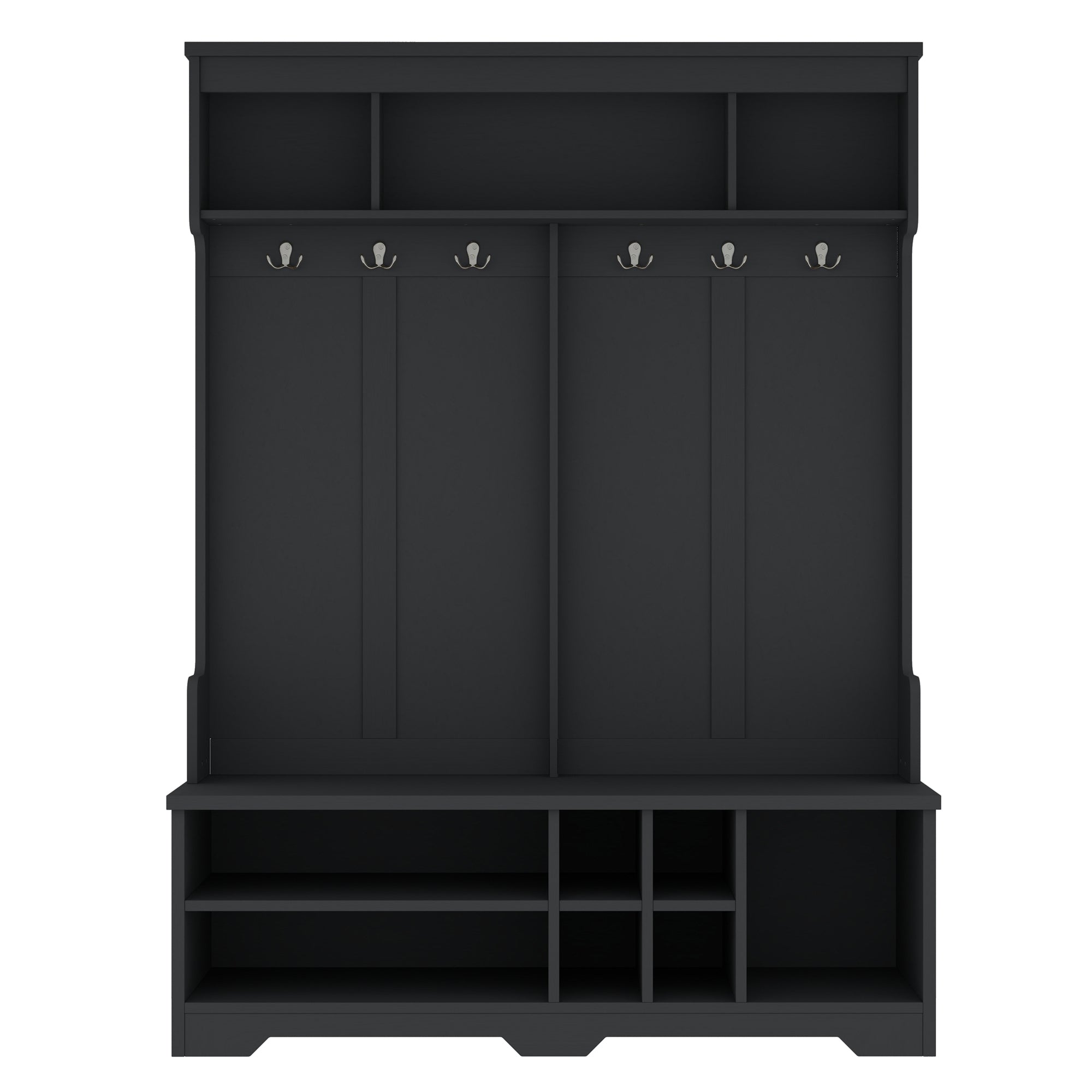 Modern Hallway Hall Tree with Metal Hooks and Storage Space, Multi-Functional Entryway Coat Rack with Shoe Cubbies, Black - Grand Goldman Shop