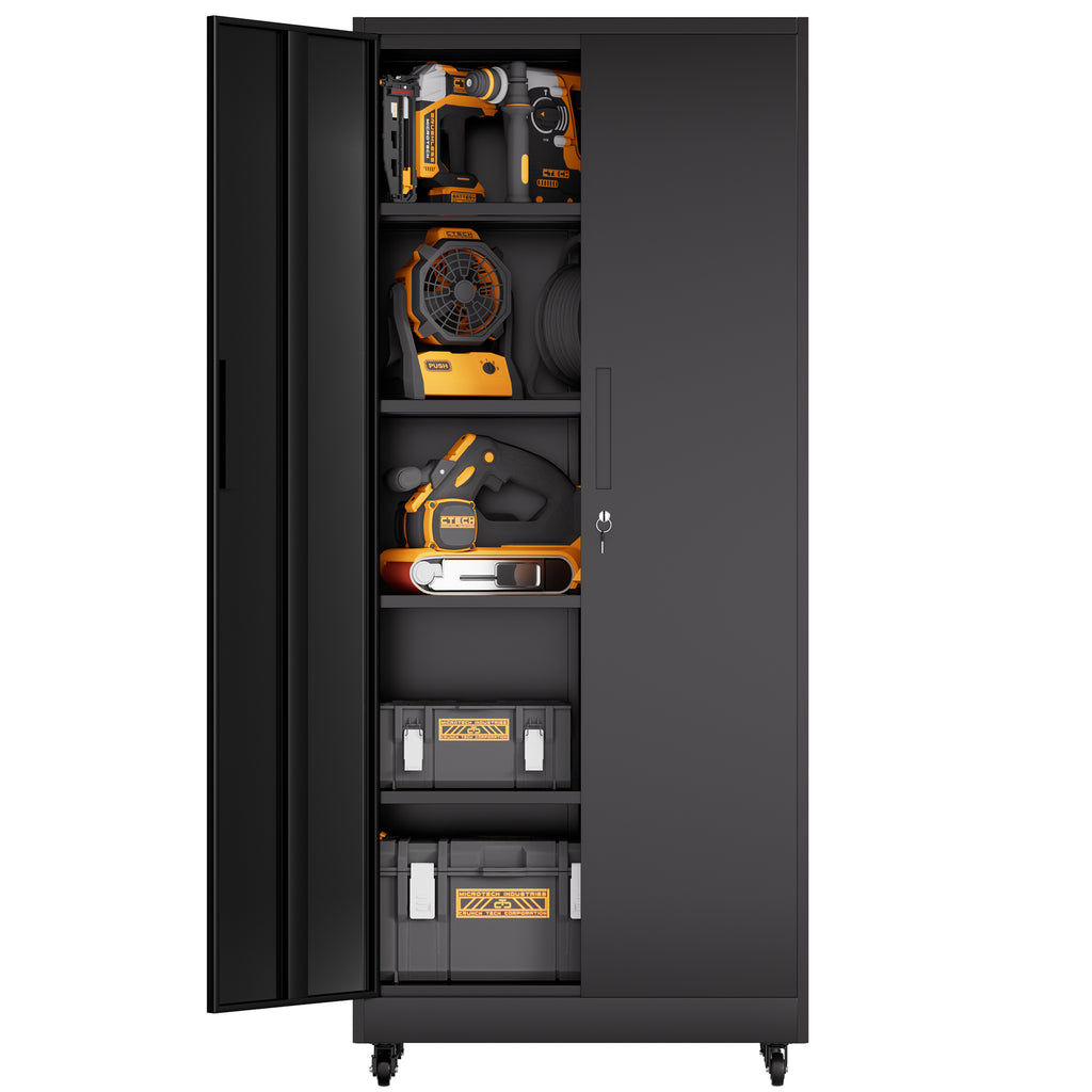 Heavy Duty Rolling Metal Cabinet with Lock, 71 inch Garage Storage Cabinet, 4 Adjustable Shelves (180lb Each), Black, for Too