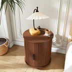 Mid Century Modern Cylinder End Table with Built-in Charging Station & Sliding Door, 2-Tier Storage Round Nightstand with USB Ports, Walnut Bedside Table for Living Room, Bedroom, Entryway - Grand Goldman Shop